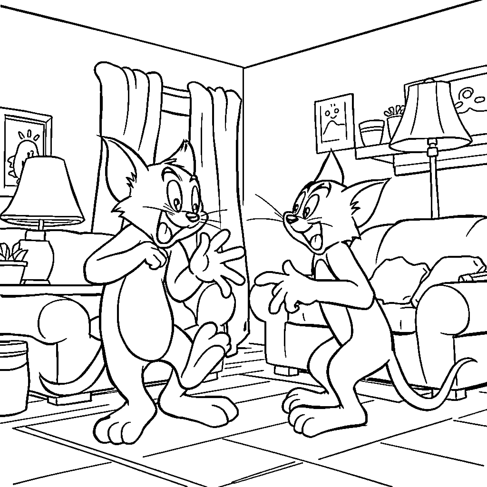 Tom and Jerry's Comical Encounter in the Room Coloring Page (free black-and-white line drawing printable PDF for all, from beginners to advanced learners, including children, teens, adults, and seniors)