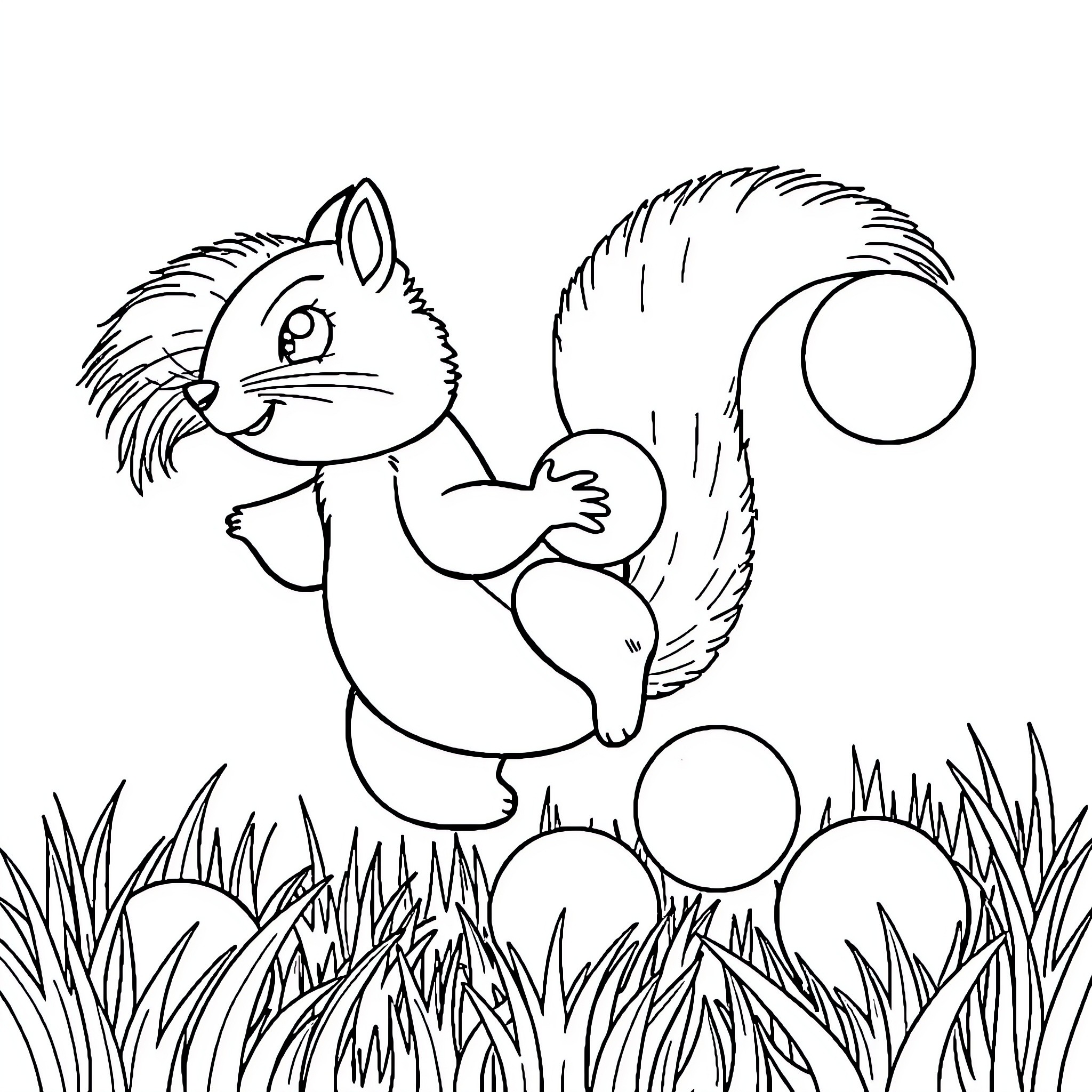 Squirrel frolicking with acorns in the grass Coloring Page (free black-and-white line drawing printable PDF for all, from beginners to advanced learners, including children, teens, adults, and seniors)