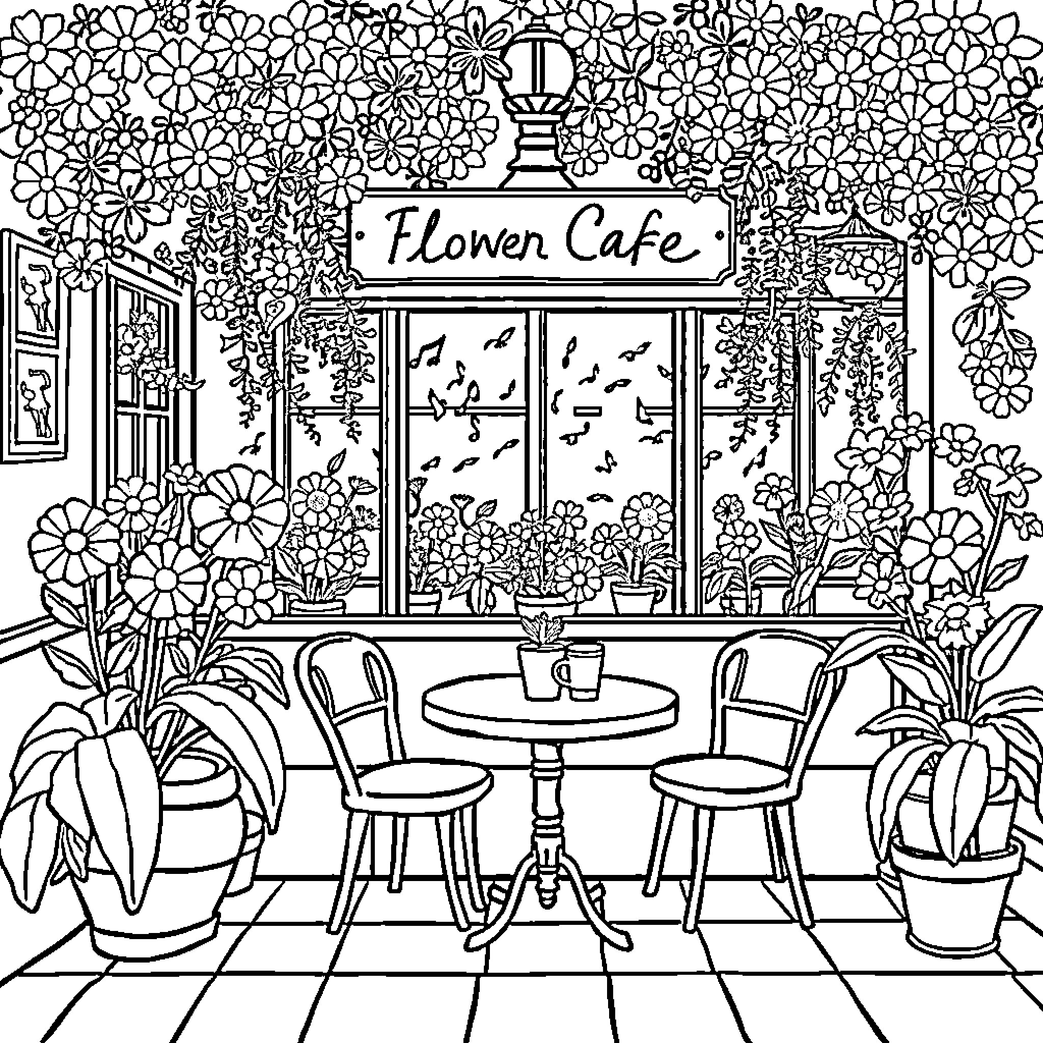 Flower Cafe with Blooming Garden Coloring Page (free black-and-white line drawing printable PDF for all, from beginners to advanced learners, including children, teens, adults, and seniors)