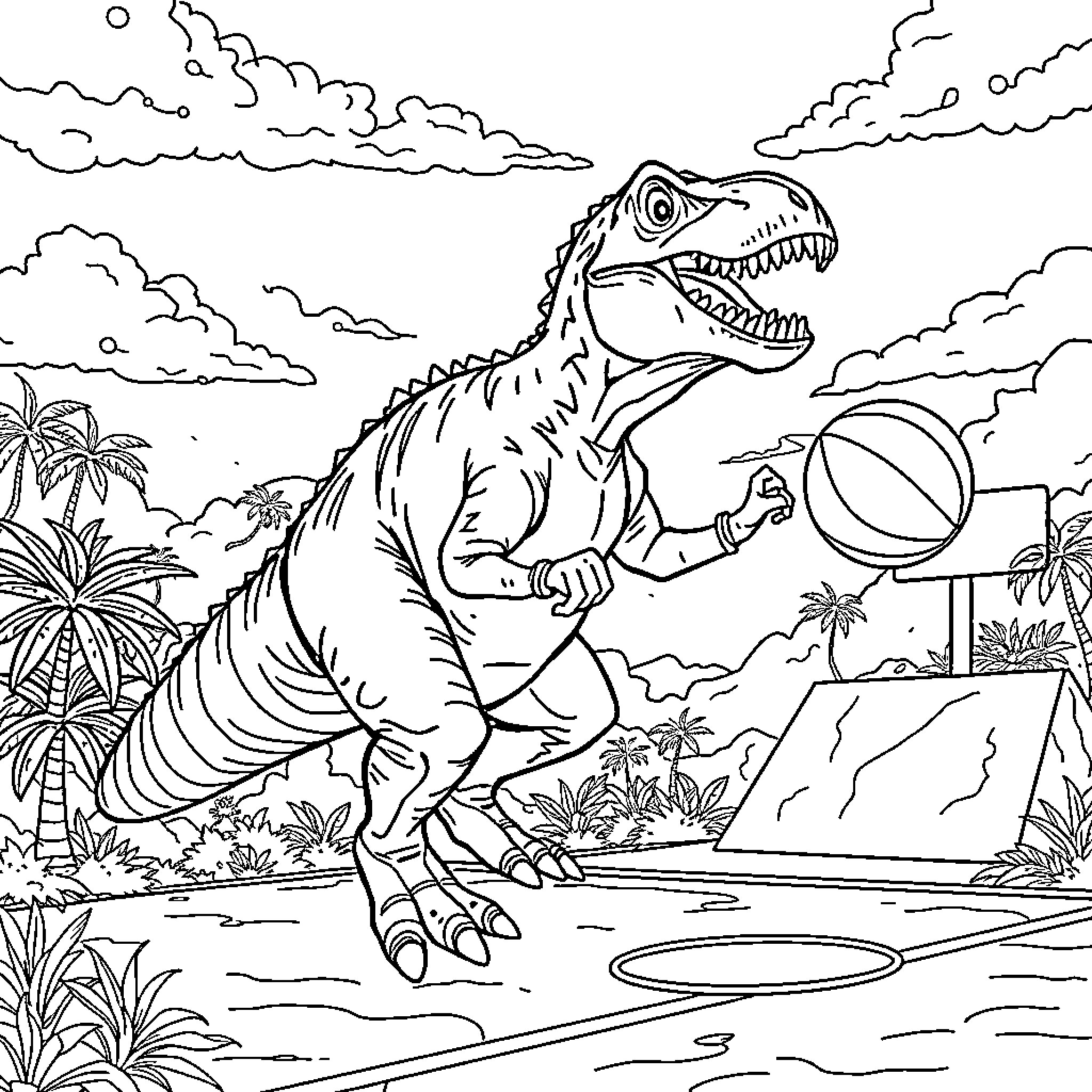 Toro the Tyrannosaur Playing in the Prehistoric Park Coloring Page (free black-and-white line drawing printable PDF for all, from beginners to advanced learners, including children, teens, adults, and seniors)