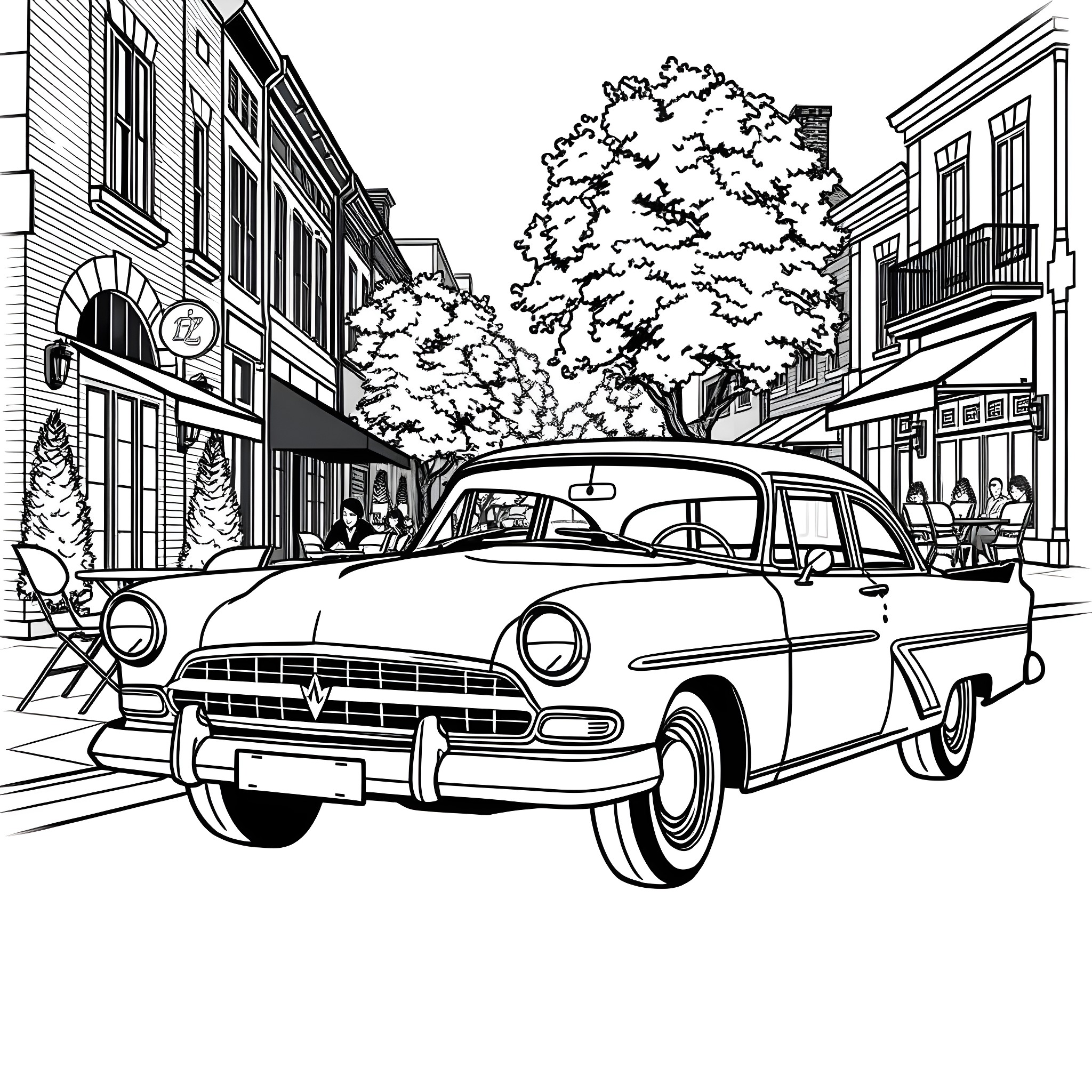 Classic Car on a Lively Street Coloring Page (free black-and-white line drawing printable PDF for all, from beginners to advanced learners, including children, teens, adults, and seniors)