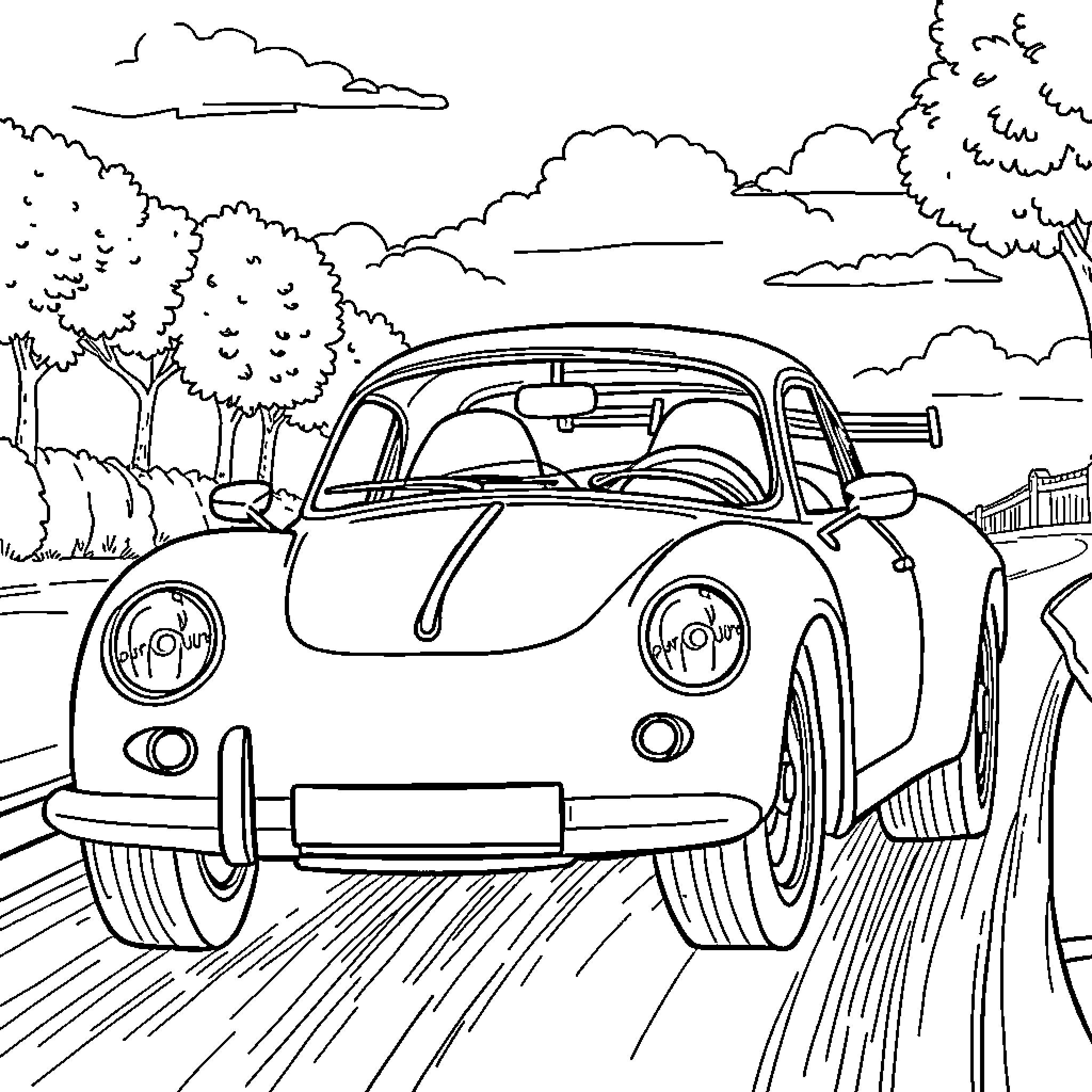 Car speeding on a winding road through a scenic landscape Coloring Page (free black-and-white line drawing printable PDF for all, from beginners to advanced learners, including children, teens, adults, and seniors)