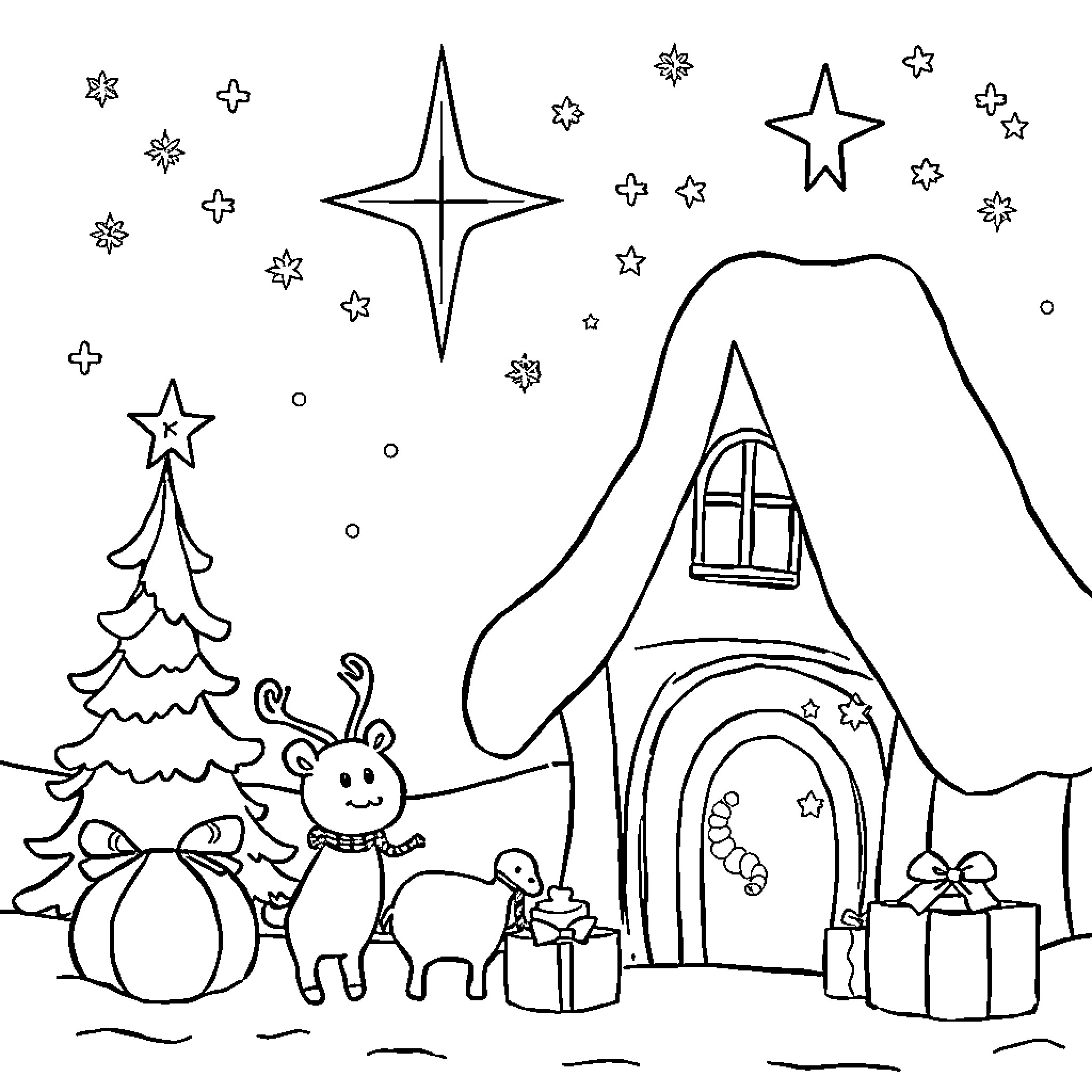 Christmas night scene with cozy cottage and snowy landscape Coloring Page (free black-and-white line drawing printable PDF for all, from beginners to advanced learners, including children, teens, adults, and seniors)
