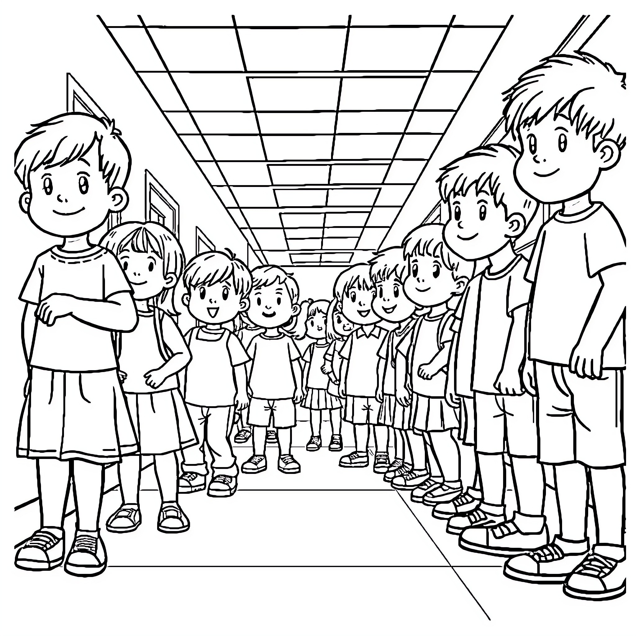 Students in a school hallway Coloring Page (free black-and-white line drawing printable PDF for all, from beginners to advanced learners, including children, teens, adults, and seniors)