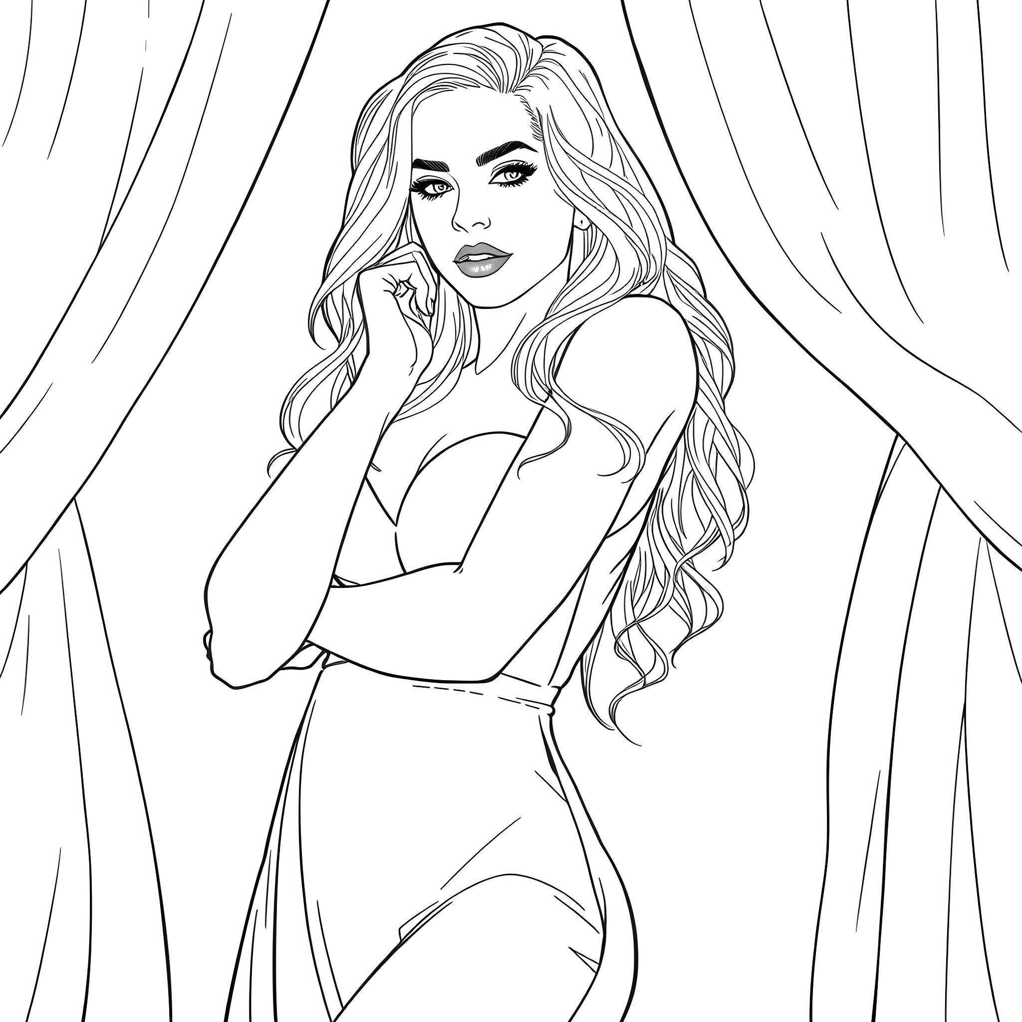 Sabrina Carpenter posing gracefully against a curtain backdrop Coloring Page (free black-and-white line drawing printable PDF for all, from beginners to advanced learners, including children, teens, adults, and seniors)