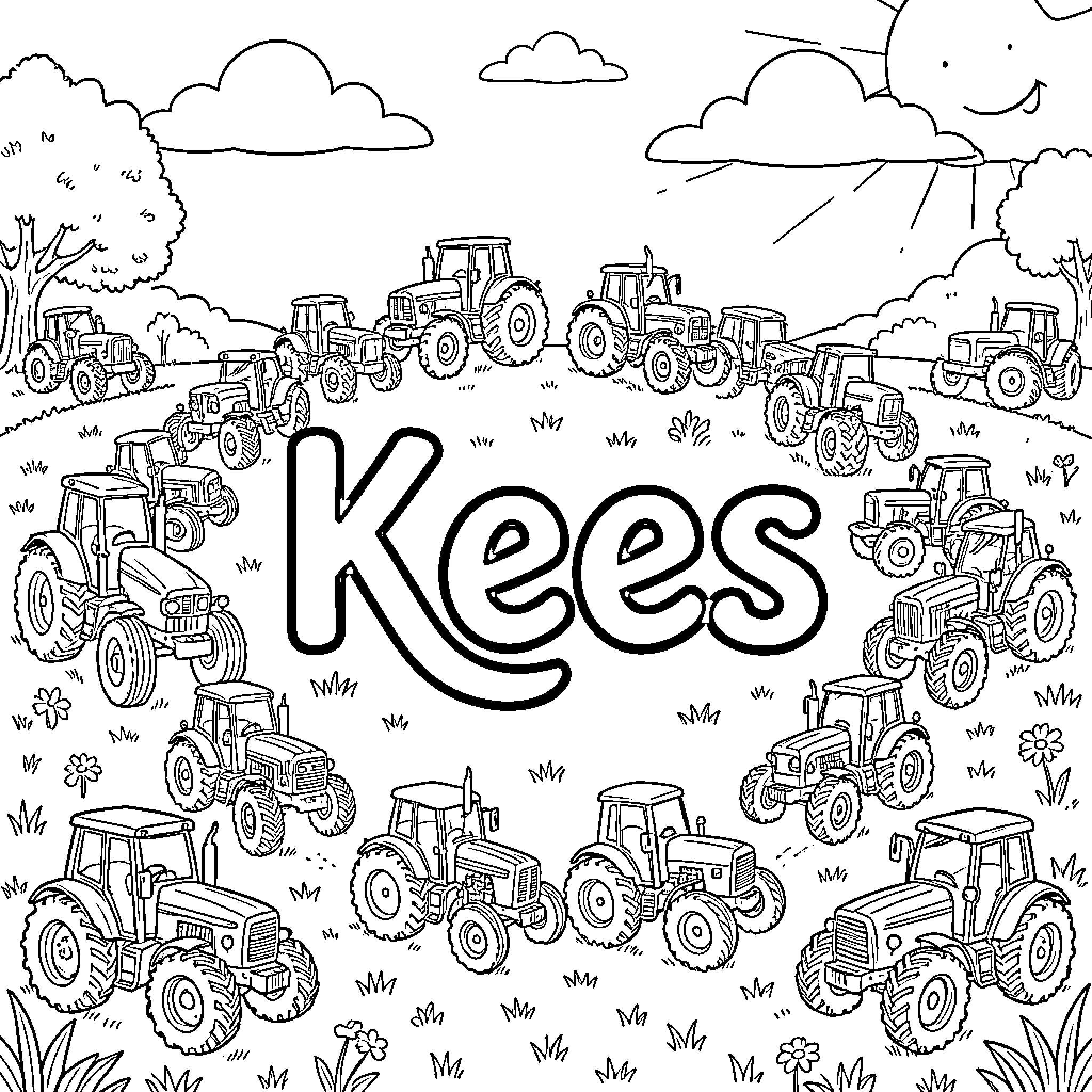Kees' Tractor-Filled Farm Adventure Coloring Page (free black-and-white line drawing printable PDF for all, from beginners to advanced learners, including children, teens, adults, and seniors)