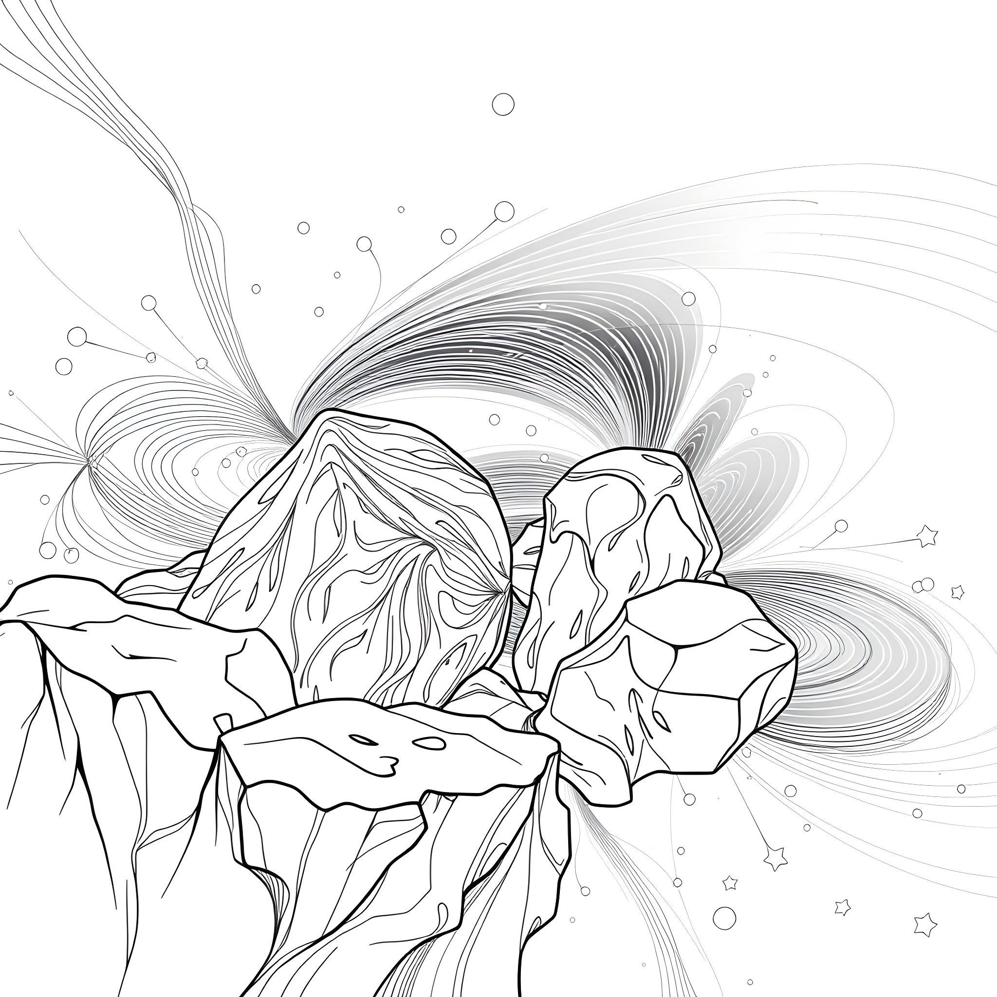 Magnetic Material Flowing over Craggy Rocks Coloring Page (free black-and-white line drawing printable PDF for all, from beginners to advanced learners, including children, teens, adults, and seniors)