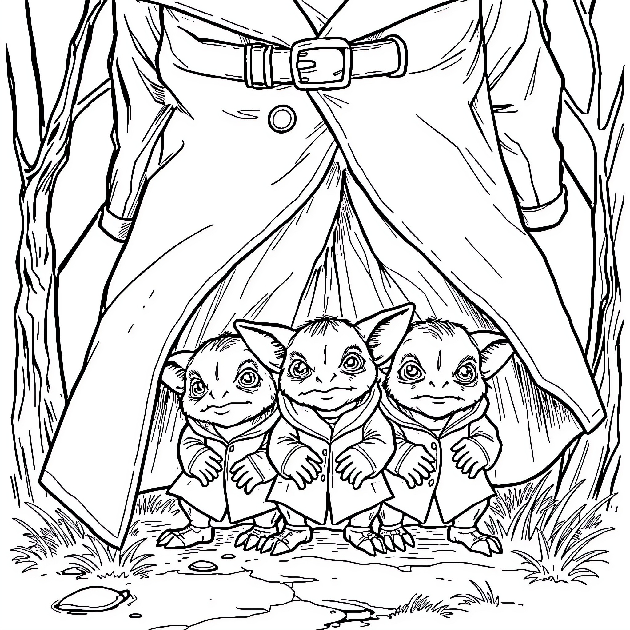 Kobold Trio Exploring the Forest Coloring Page (free black-and-white line drawing printable PDF for all, from beginners to advanced learners, including children, teens, adults, and seniors)