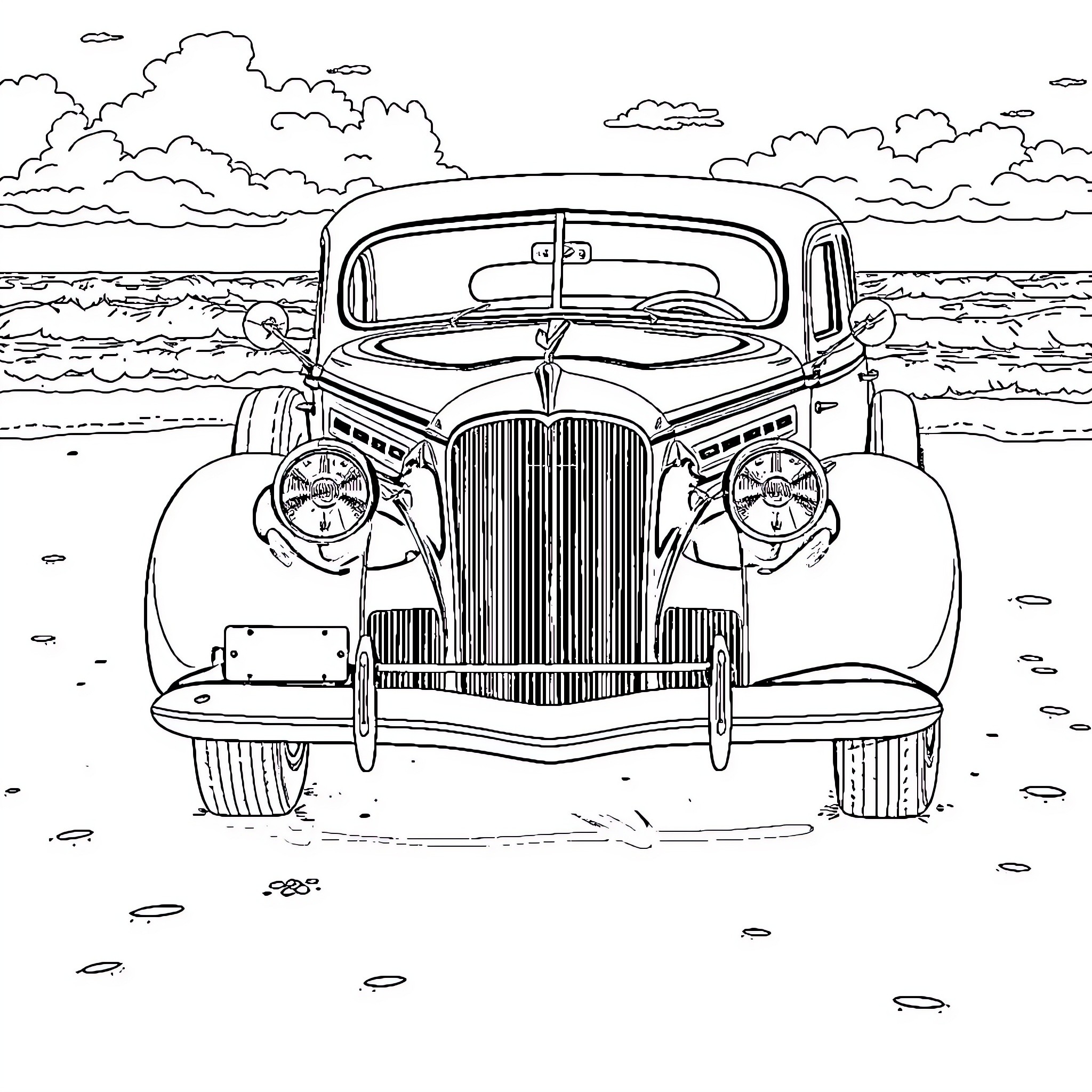 Buick vintage car on the beach Coloring Page (free black-and-white line drawing printable PDF for all, from beginners to advanced learners, including children, teens, adults, and seniors)