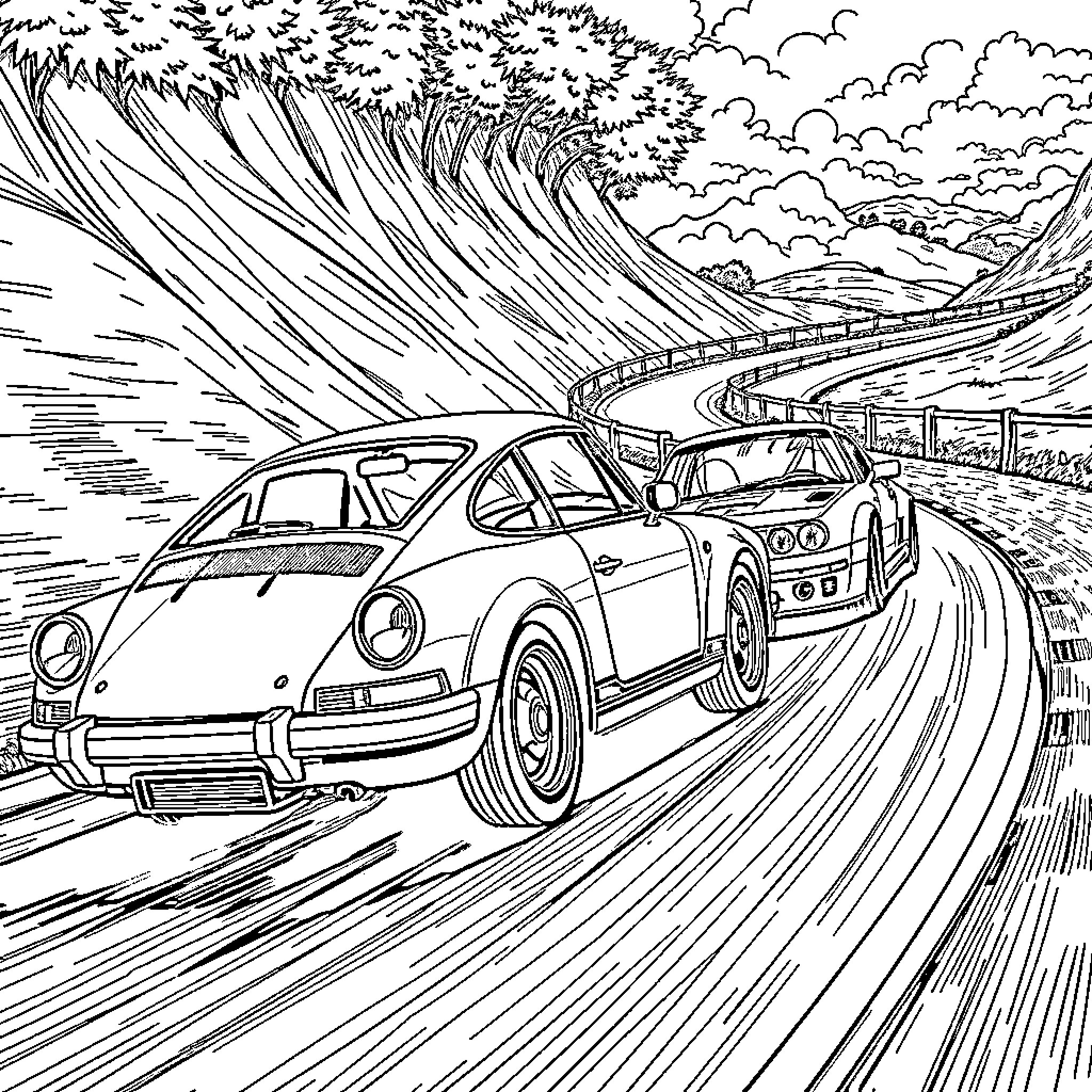 Car speeding through winding mountain road Coloring Page (free black-and-white line drawing printable PDF for all, from beginners to advanced learners, including children, teens, adults, and seniors)
