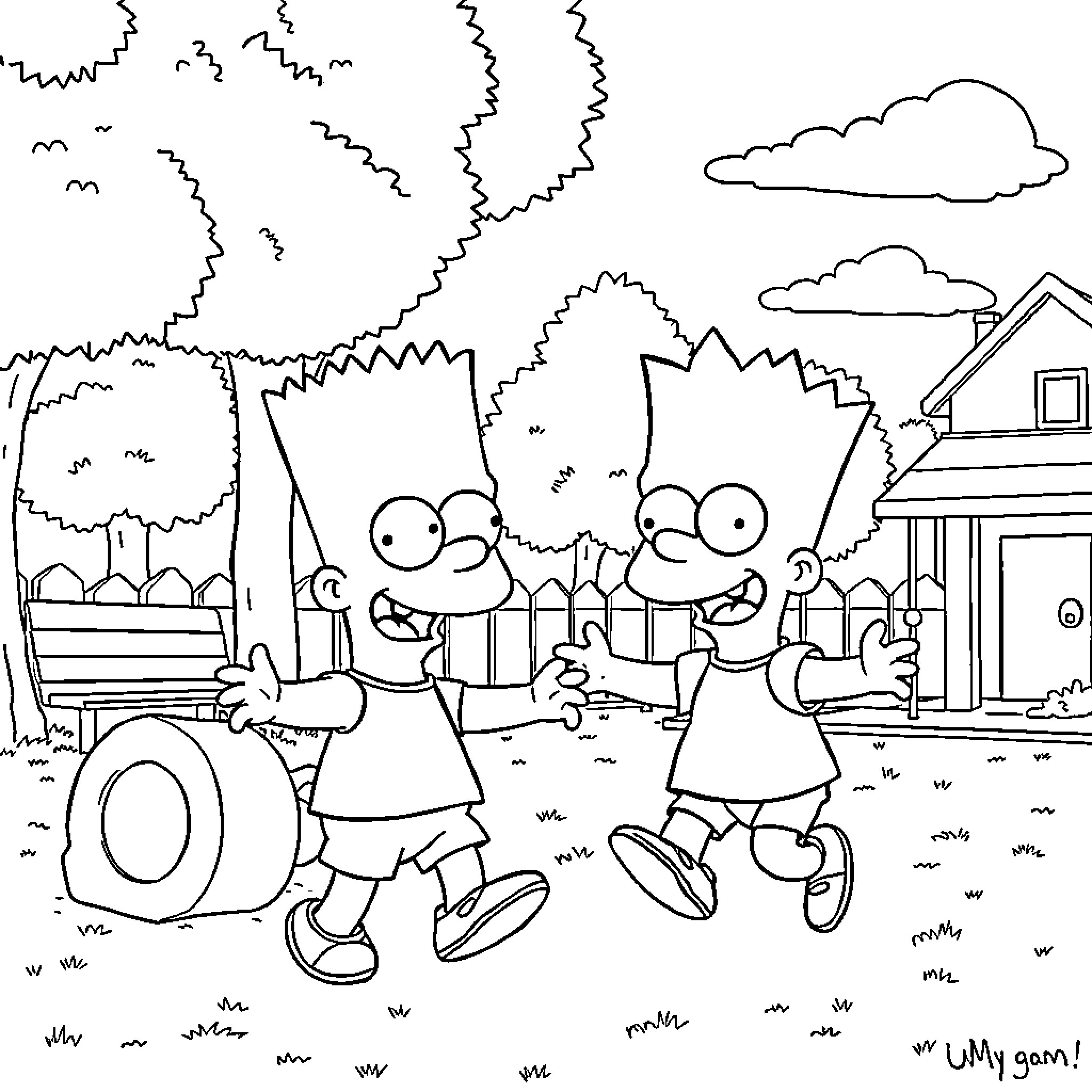 Bart's Mischievous Adventure in the Neighborhood Coloring Page (free black-and-white line drawing printable PDF for all, from beginners to advanced learners, including children, teens, adults, and seniors)