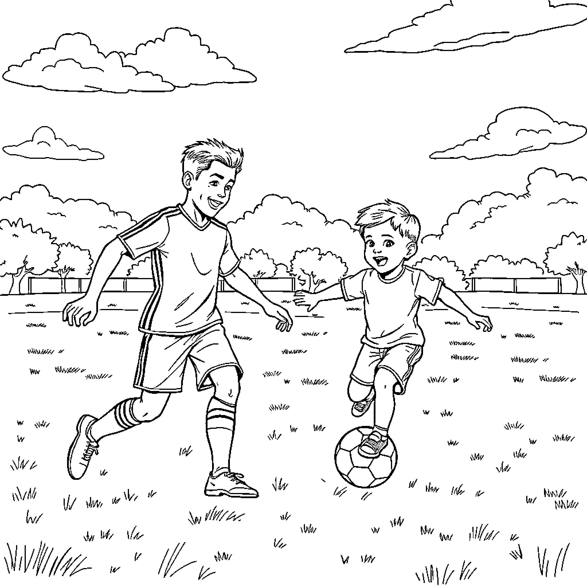 Boys playing soccer in a park Coloring Page (free black-and-white line drawing printable PDF for all, from beginners to advanced learners, including children, teens, adults, and seniors)
