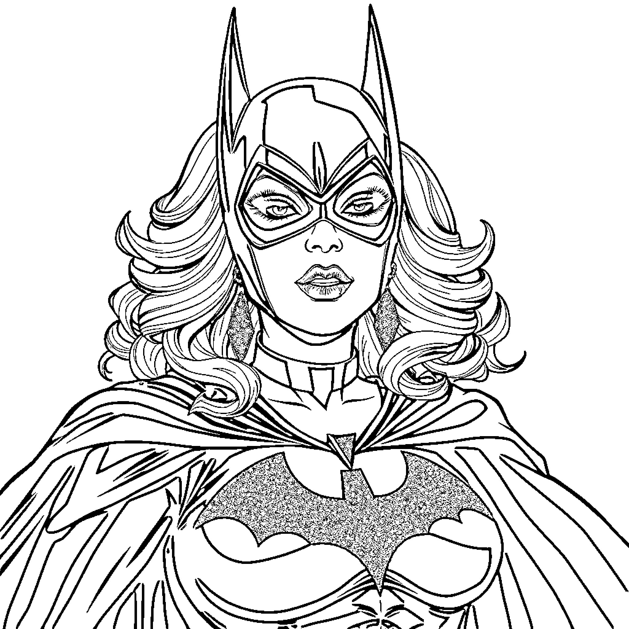 Drag Queen Batman Strikes a Fierce Pose Coloring Page (free black-and-white line drawing printable PDF for all, from beginners to advanced learners, including children, teens, adults, and seniors)