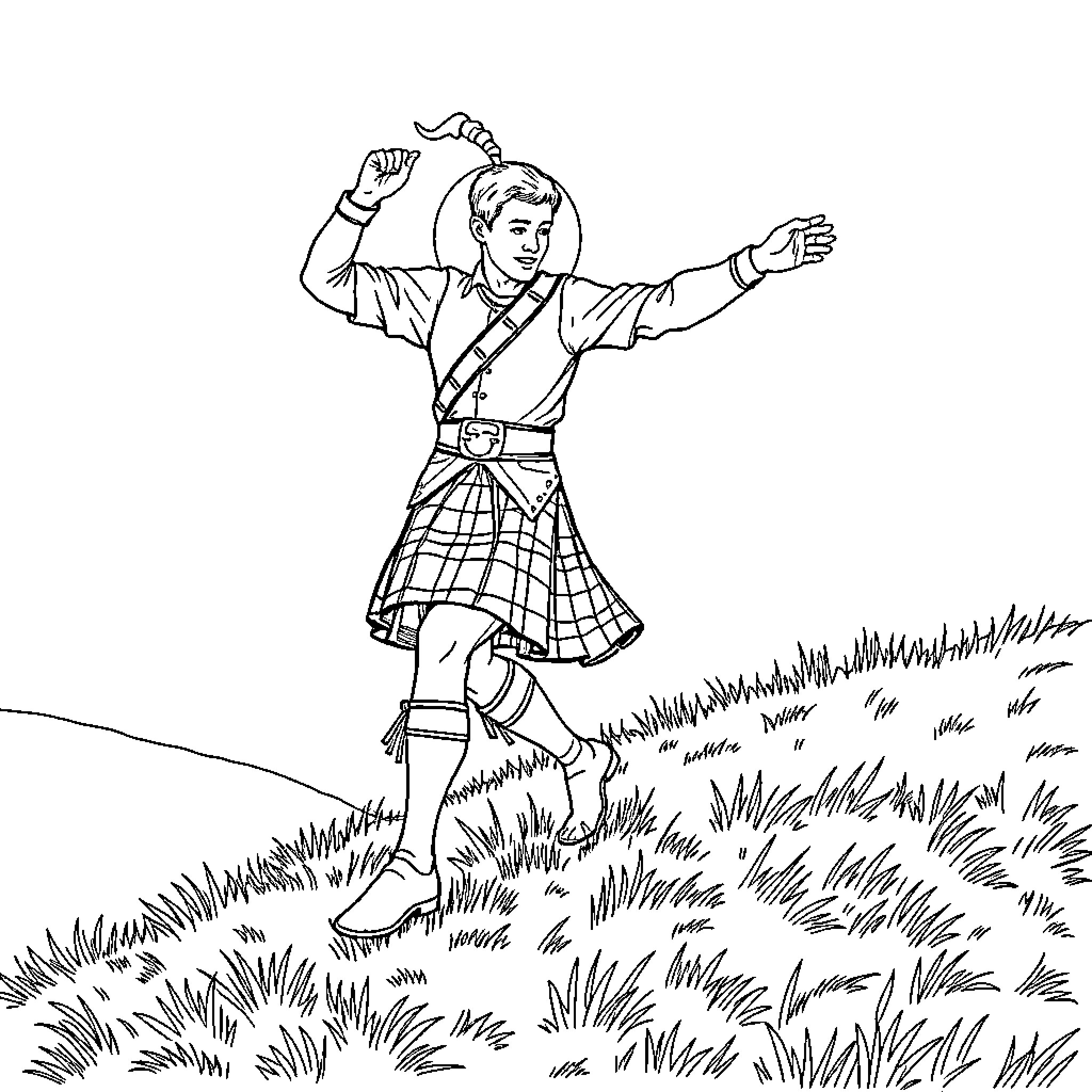 Dancer joyfully leaping in a field Coloring Page (free black-and-white line drawing printable PDF for all, from beginners to advanced learners, including children, teens, adults, and seniors)