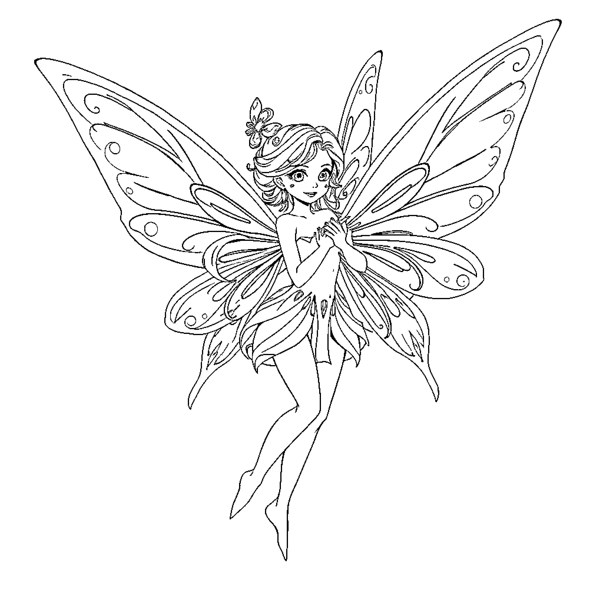 Fairy with Whimsical Wings and Flowers Coloring Page (free black-and-white line drawing printable PDF for all, from beginners to advanced learners, including children, teens, adults, and seniors)