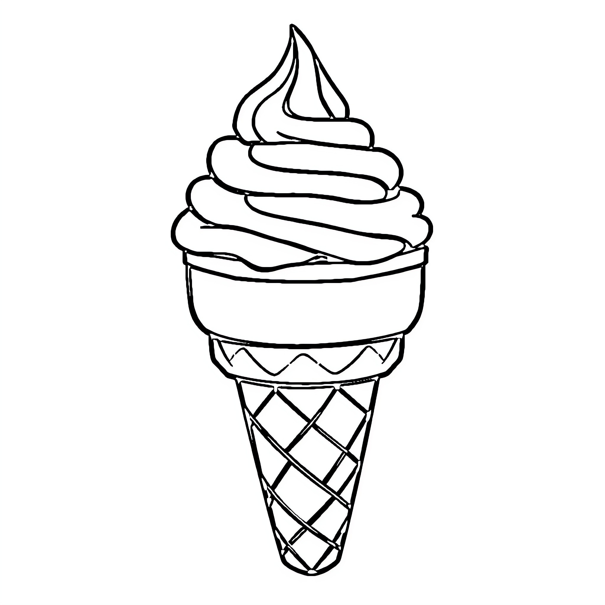 Ice Cream Cone with Swirling Soft Serve Coloring Page (free black-and-white line drawing printable PDF for all, from beginners to advanced learners, including children, teens, adults, and seniors)