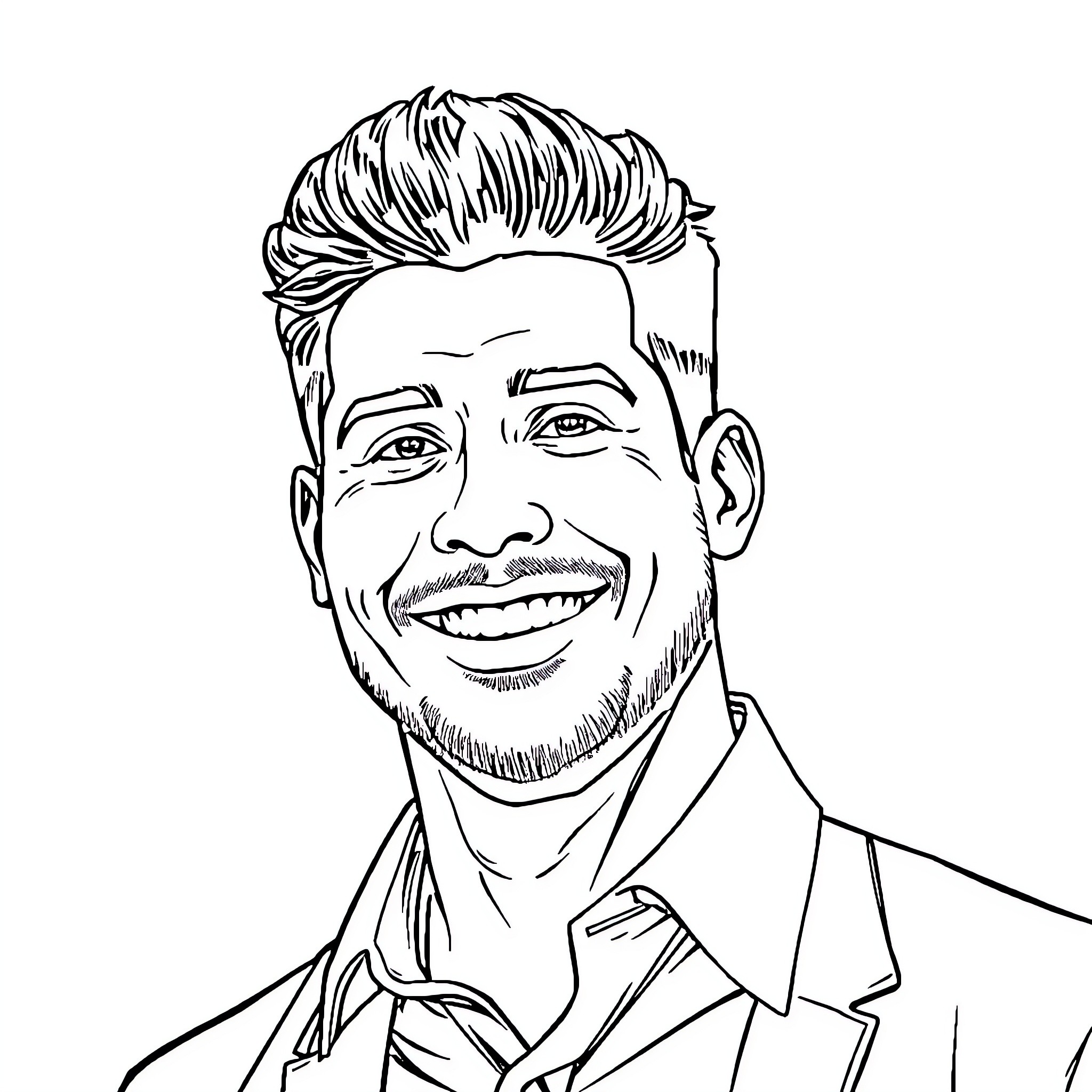 Derrick Mendonca smiling joyfully in portrait Coloring Page (free black-and-white line drawing printable PDF for all, from beginners to advanced learners, including children, teens, adults, and seniors)
