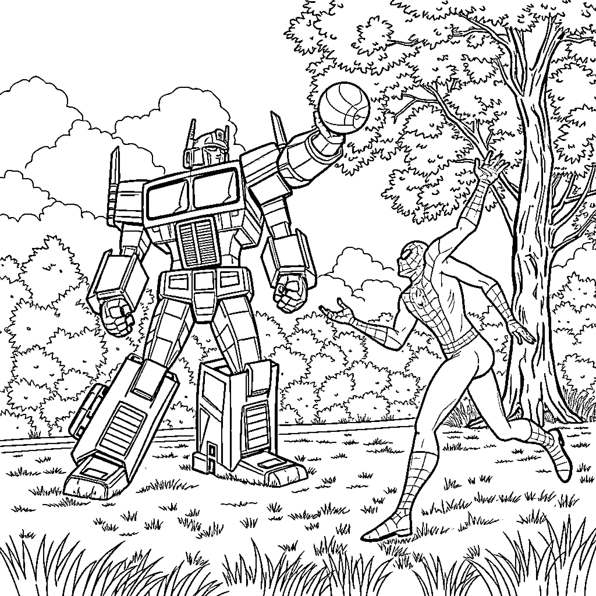 Optimus Prime confronting a masked opponent in a forested setting Coloring Page (free black-and-white line drawing printable PDF for all, from beginners to advanced learners, including children, teens, adults, and seniors)