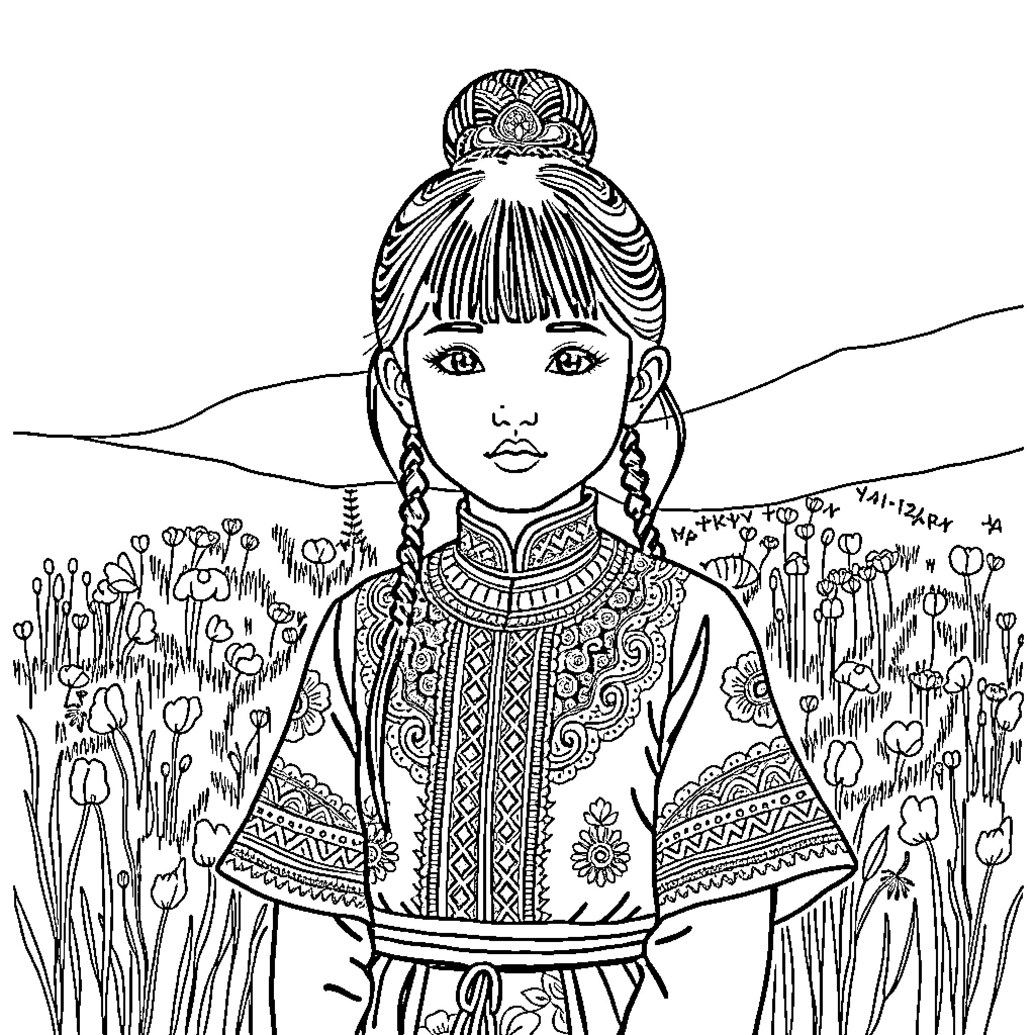 Hmong Girl in Traditional Dress Surrounded by Flowers Coloring Page (free black-and-white line drawing printable PDF for all, from beginners to advanced learners, including children, teens, adults, and seniors)