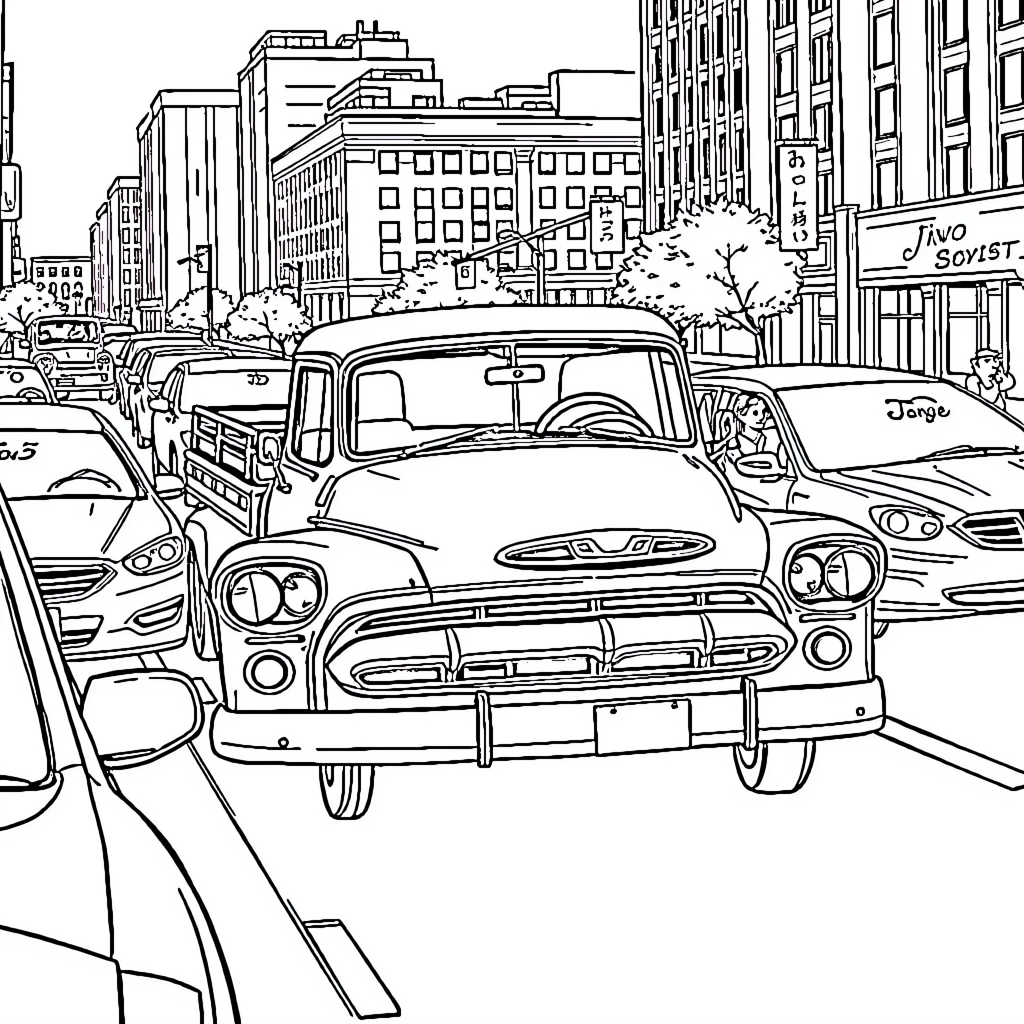 Dodge Truck in a Busy Urban Street Scene Coloring Page (free black-and-white line drawing printable PDF for all, from beginners to advanced learners, including children, teens, adults, and seniors)