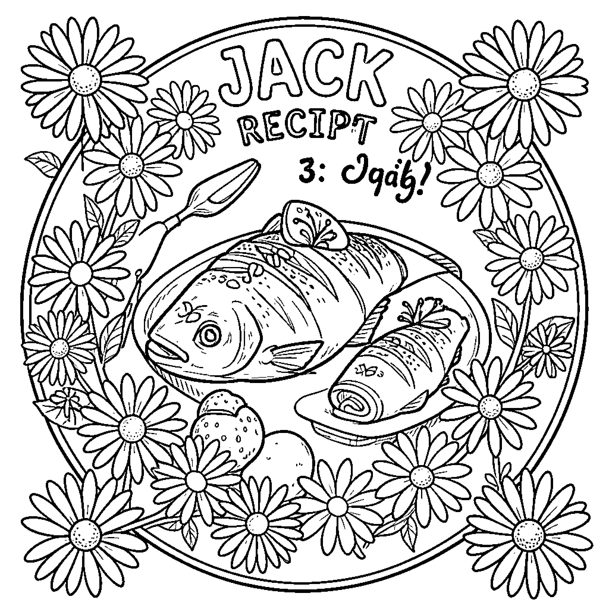 Jack's Fishing Adventure in a Floral Scene Coloring Page (free black-and-white line drawing printable PDF for all, from beginners to advanced learners, including children, teens, adults, and seniors)