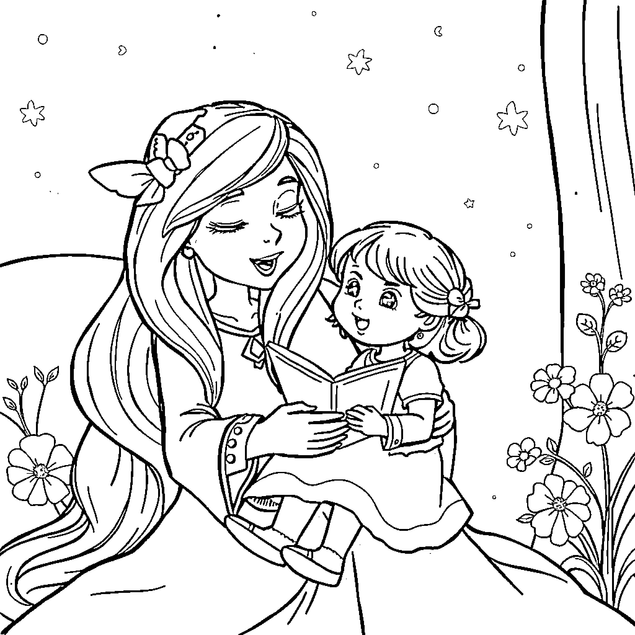 Huntrix Mira Comforting Young Girl Coloring Page (free black-and-white line drawing printable PDF for all, from beginners to advanced learners, including children, teens, adults, and seniors)