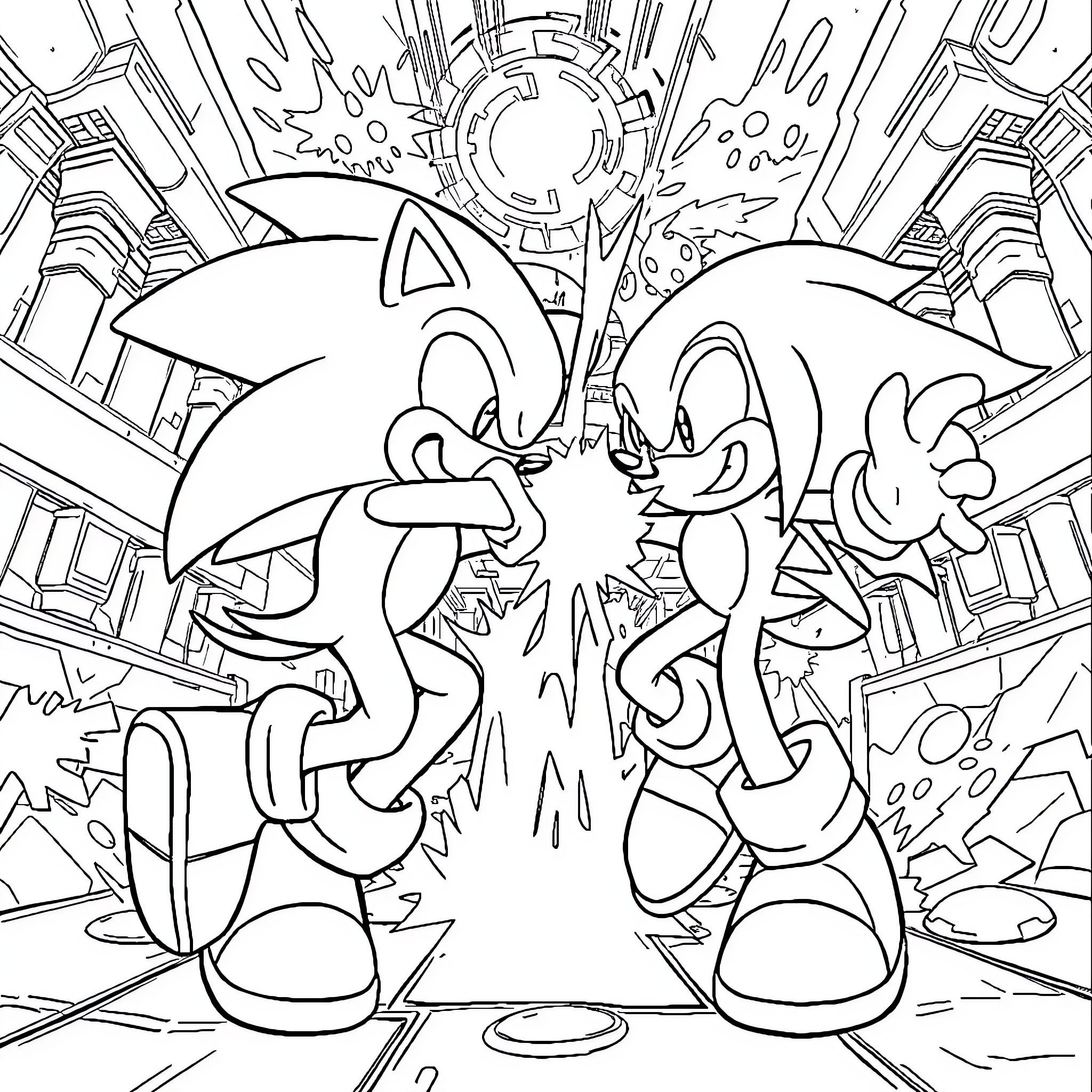 Sonic characters in action-packed adventure Coloring Page (free black-and-white line drawing printable PDF for all, from beginners to advanced learners, including children, teens, adults, and seniors)