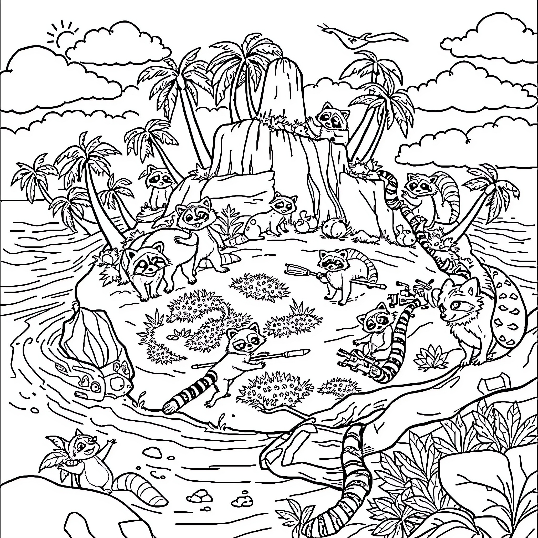 Raccoon family adventures in a tropical paradise Coloring Page (free black-and-white line drawing printable PDF for all, from beginners to advanced learners, including children, teens, adults, and seniors)