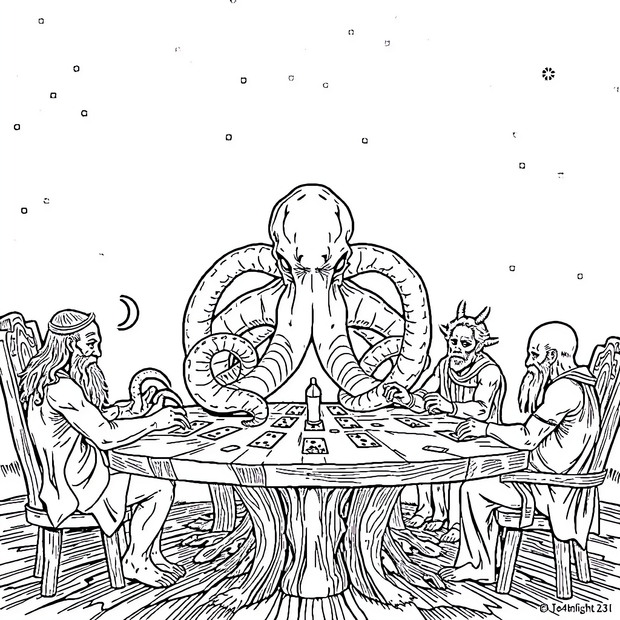 Cthulhu presiding over a mystic gathering Coloring Page (free black-and-white line drawing printable PDF for all, from beginners to advanced learners, including children, teens, adults, and seniors)