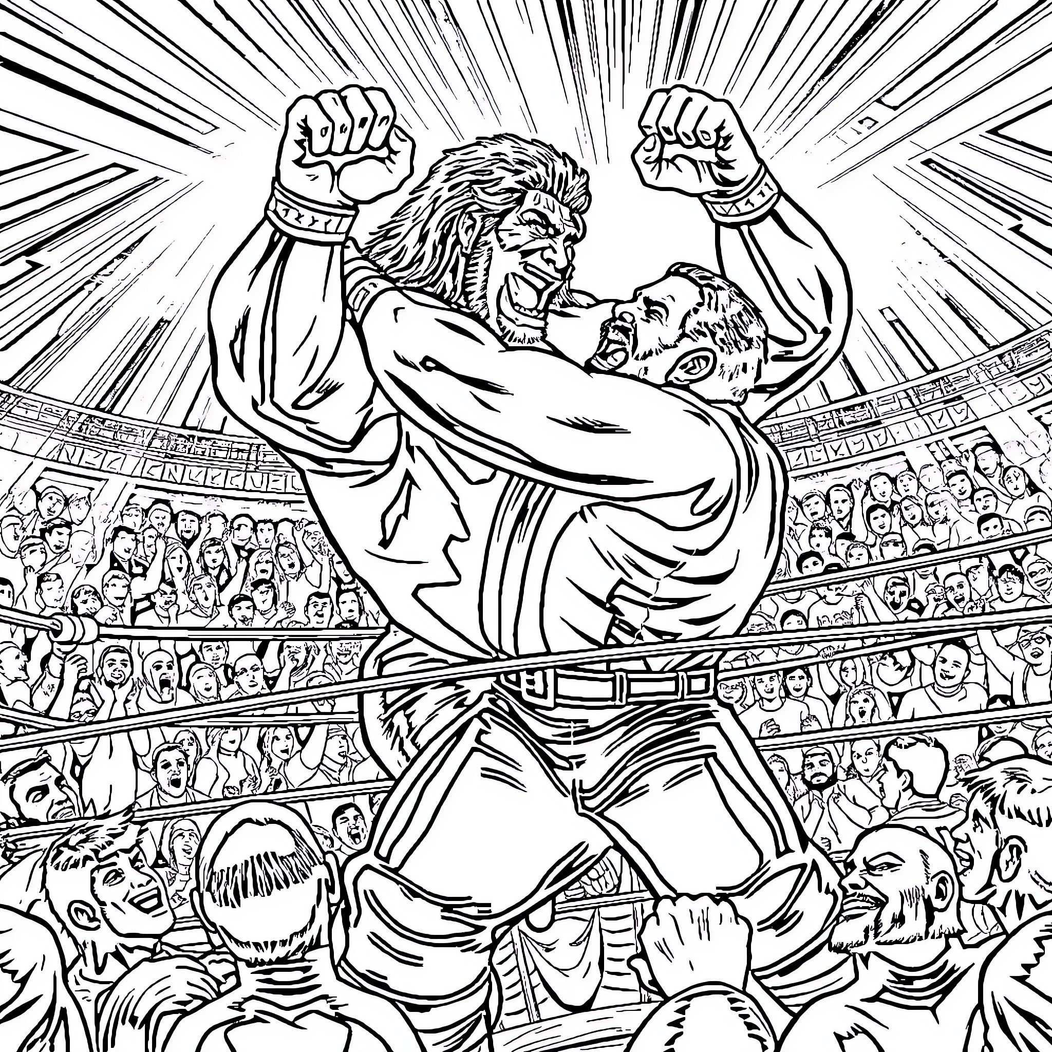 Hulk Hogan Triumphs in Epic Wrestling Match Coloring Page (free black-and-white line drawing printable PDF for all, from beginners to advanced learners, including children, teens, adults, and seniors)