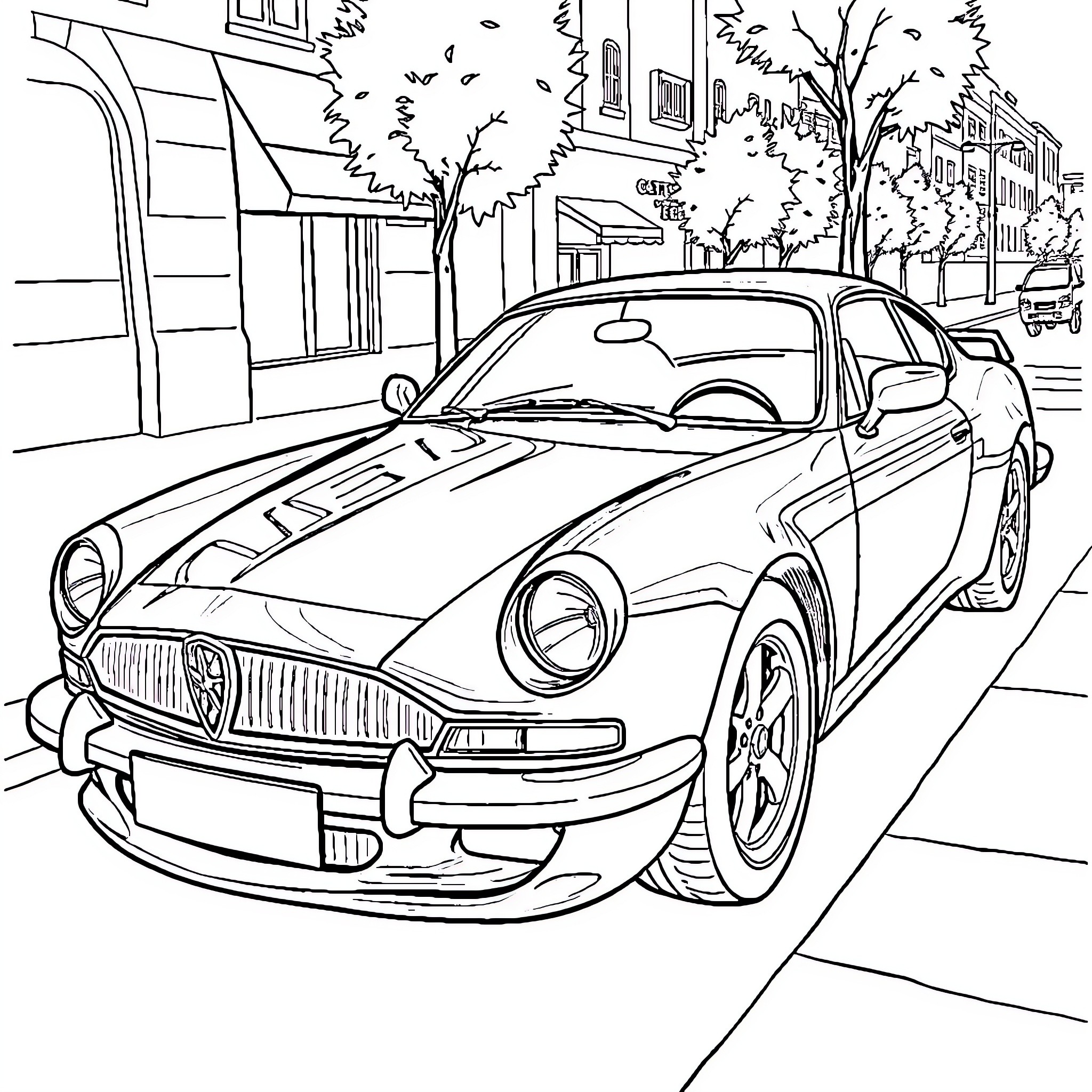 Car parked on city street with trees Coloring Page (free black-and-white line drawing printable PDF for all, from beginners to advanced learners, including children, teens, adults, and seniors)