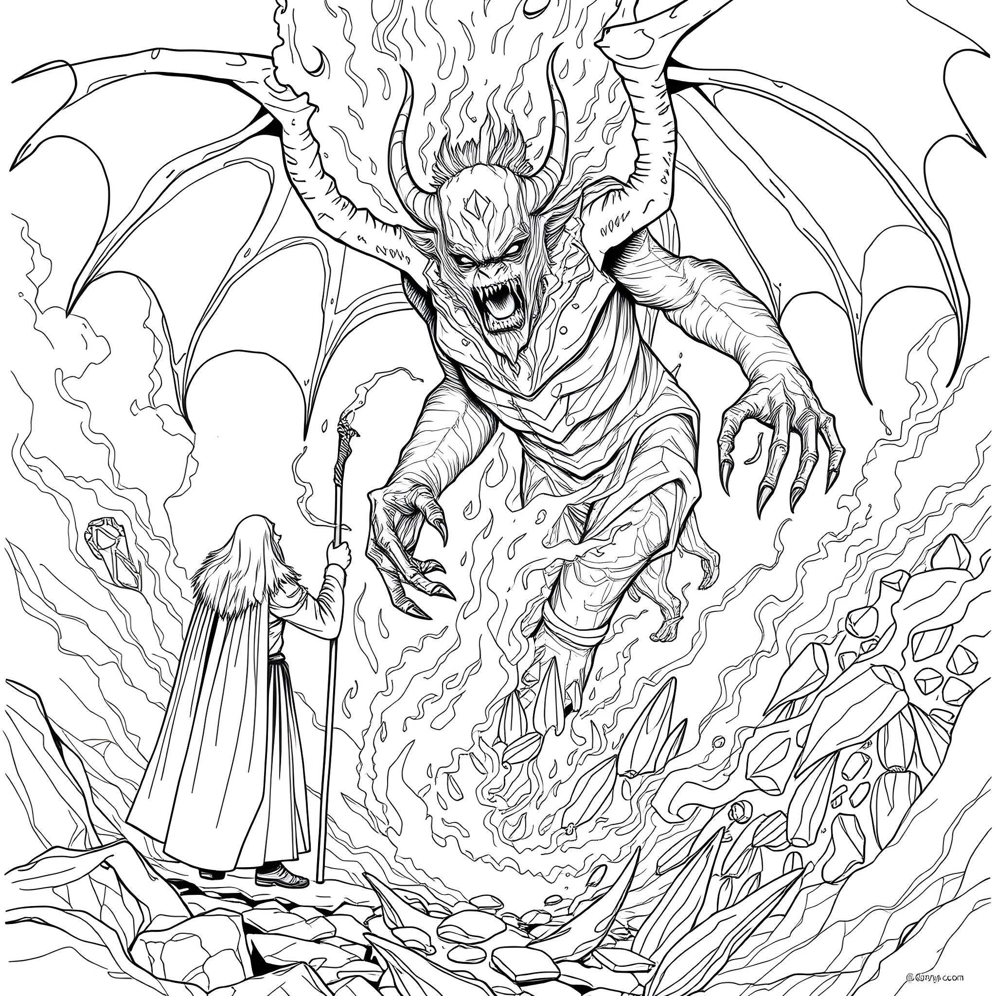 Gandalf confronting the fearsome demonic entity Coloring Page (free black-and-white line drawing printable PDF for all, from beginners to advanced learners, including children, teens, adults, and seniors)