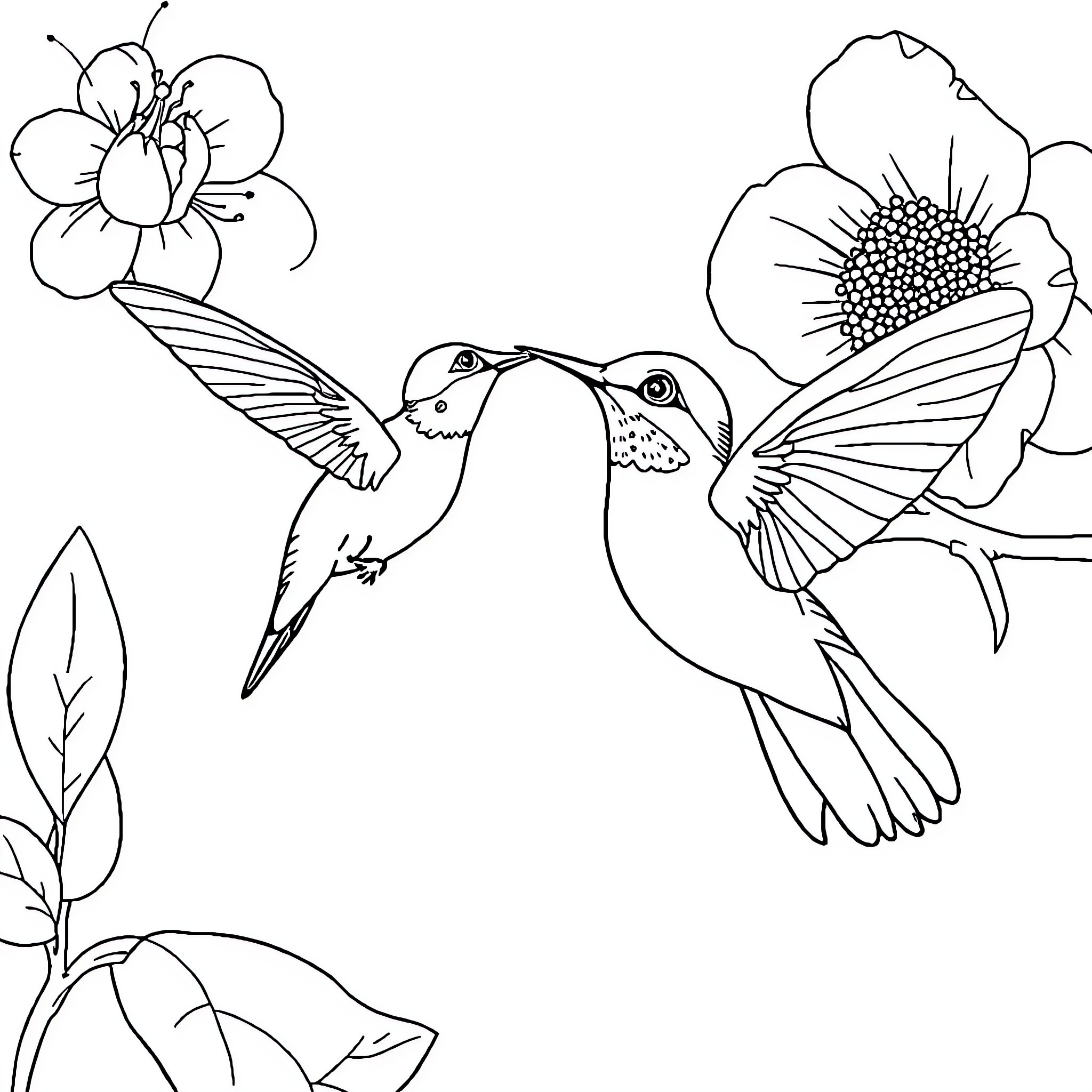 Hummingbirds feeding on flowers Coloring Page (free black-and-white line drawing printable PDF for all, from beginners to advanced learners, including children, teens, adults, and seniors)
