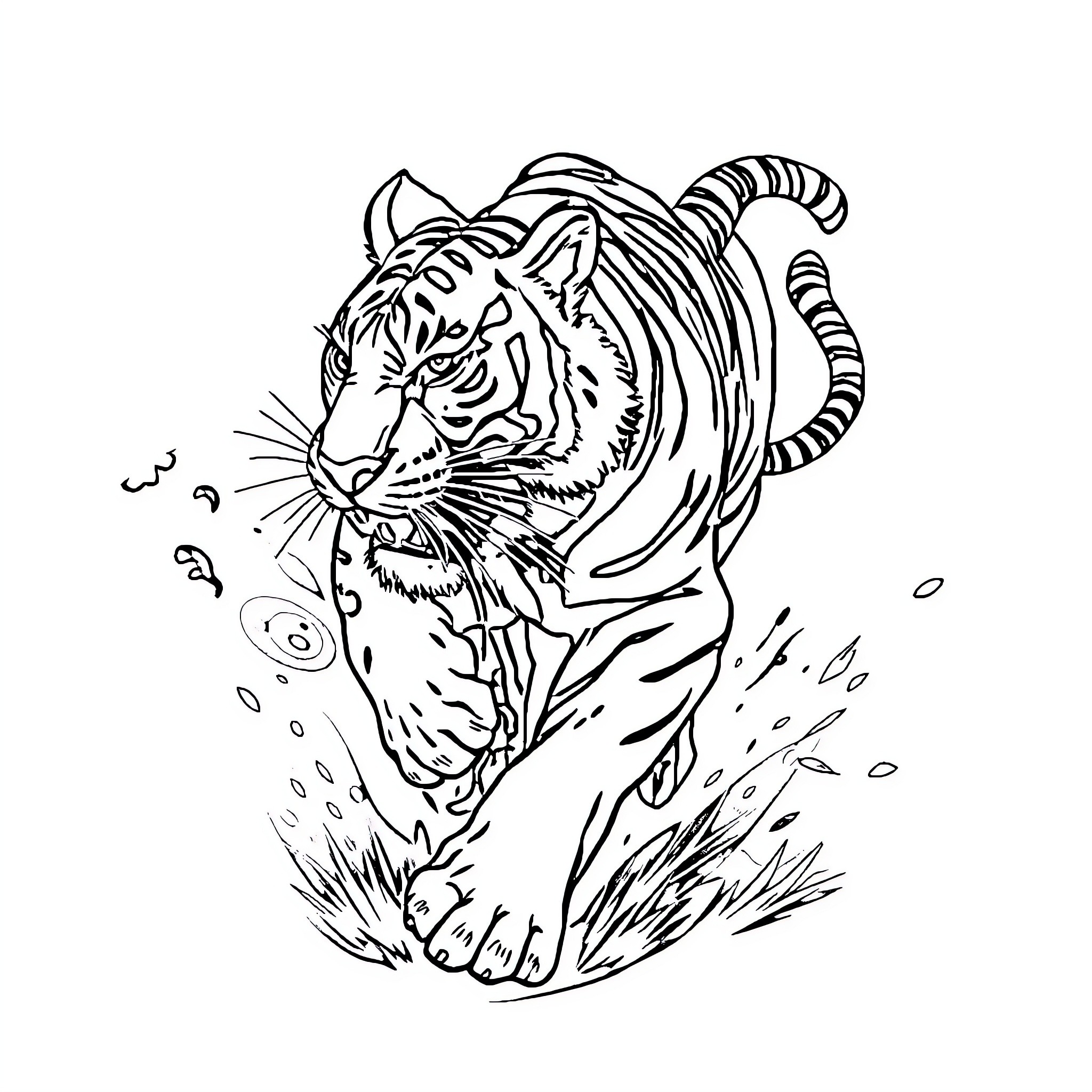 Mutano Tiger Stalking Through the Grass Coloring Page (free black-and-white line drawing printable PDF for all, from beginners to advanced learners, including children, teens, adults, and seniors)