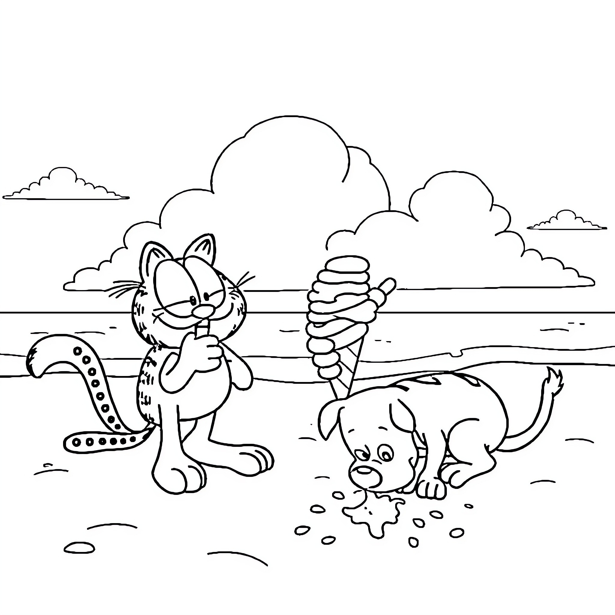 Garfield enjoying an ice cream cone with his pet dog Coloring Page (free black-and-white line drawing printable PDF for all, from beginners to advanced learners, including children, teens, adults, and seniors)