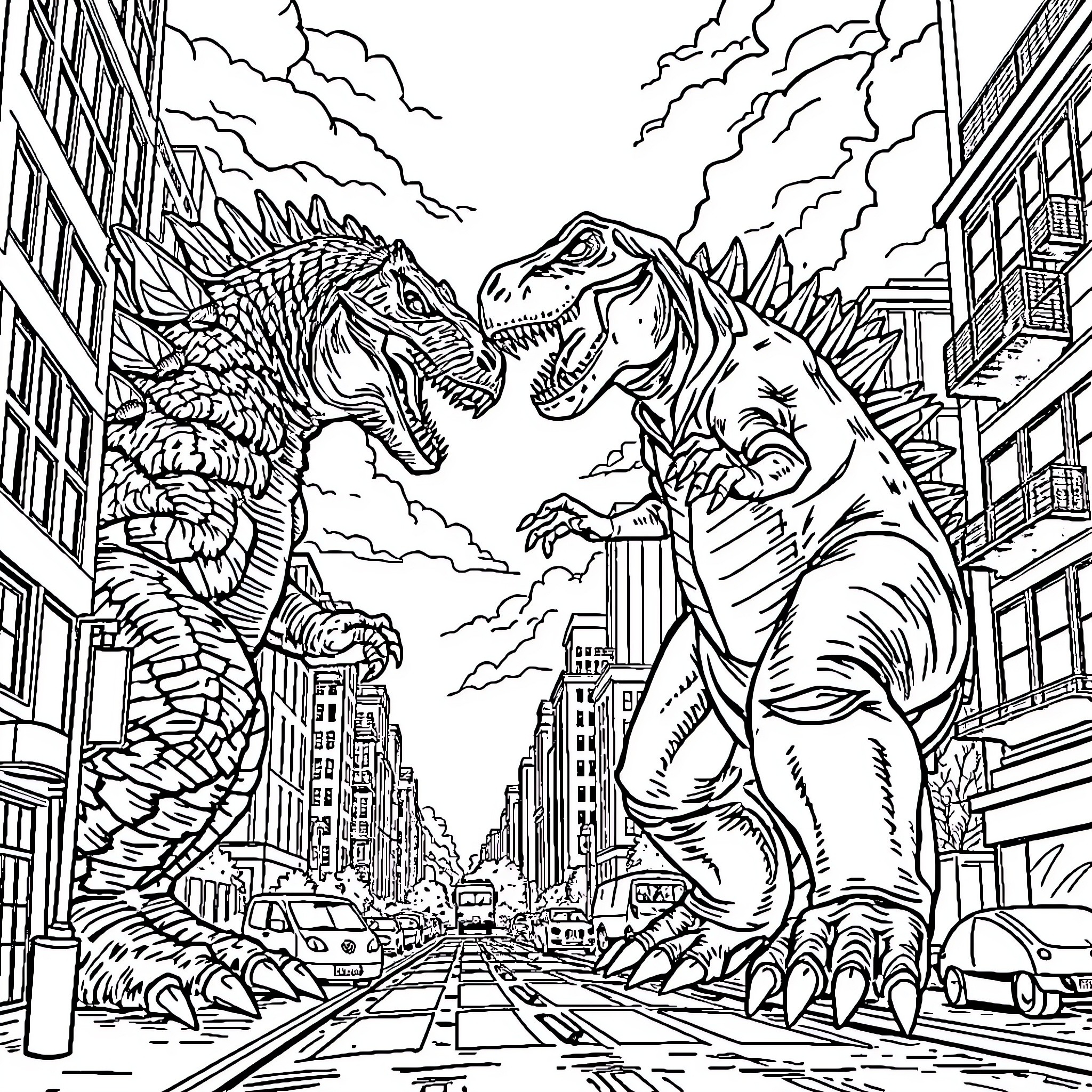 Godzilla and T-Rex Battle in Destroyed City Coloring Page (free black-and-white line drawing printable PDF for all, from beginners to advanced learners, including children, teens, adults, and seniors)