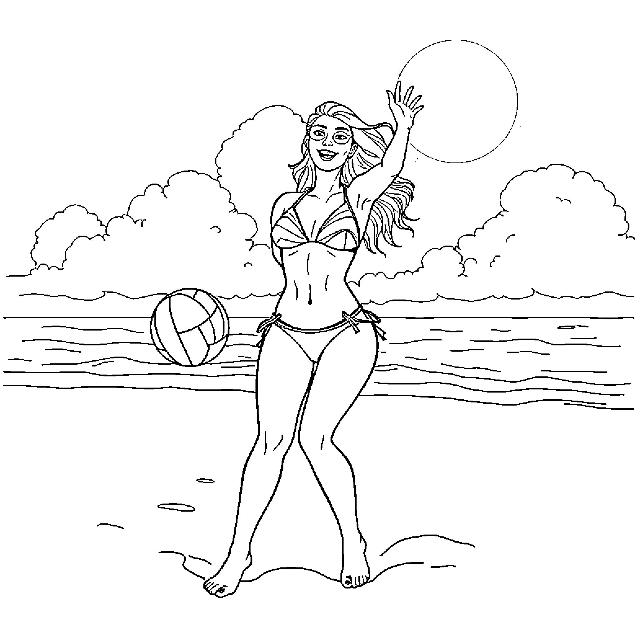 Bikini Babe enjoying the beach with playful gestures Coloring Page (free black-and-white line drawing printable PDF for all, from beginners to advanced learners, including children, teens, adults, and seniors)