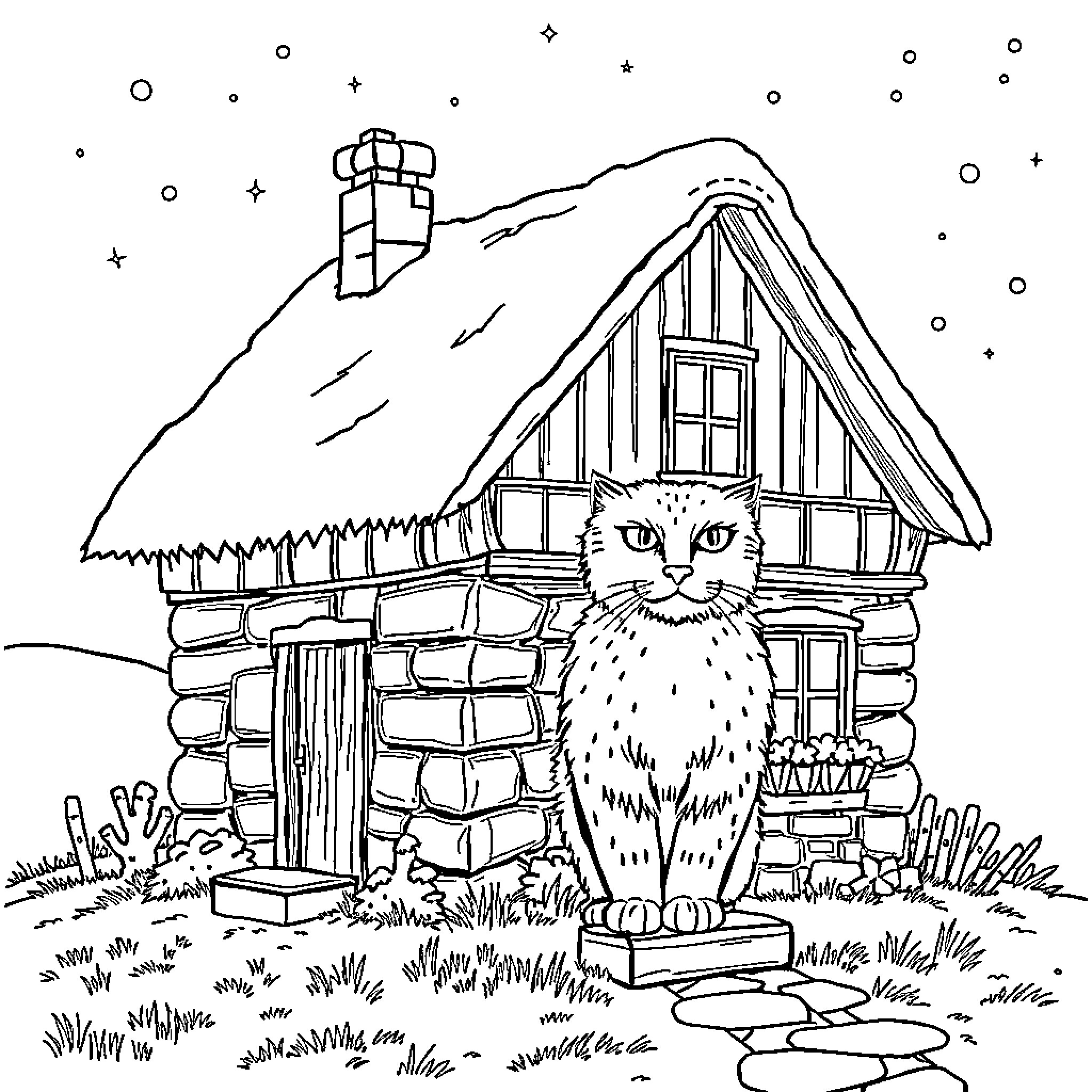 Cat in front of a rustic log cabin Coloring Page (free black-and-white line drawing printable PDF for all, from beginners to advanced learners, including children, teens, adults, and seniors)