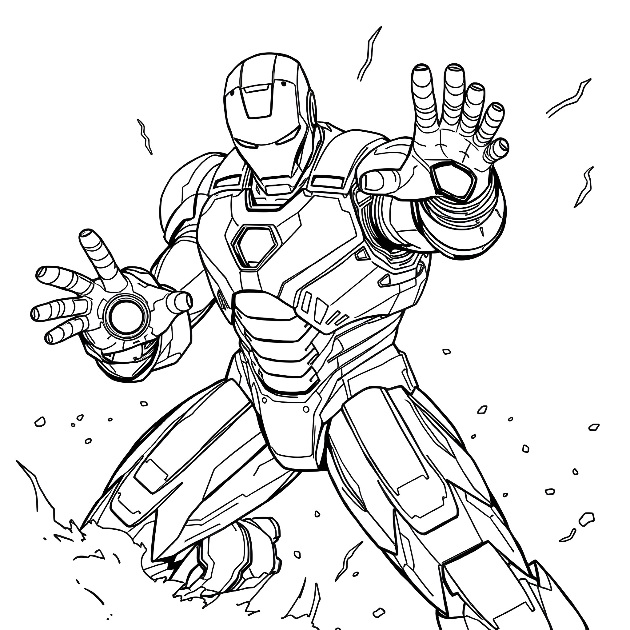 Iron Man Heroic Pose in Action Coloring Page (free black-and-white line drawing printable PDF for all, from beginners to advanced learners, including children, teens, adults, and seniors)