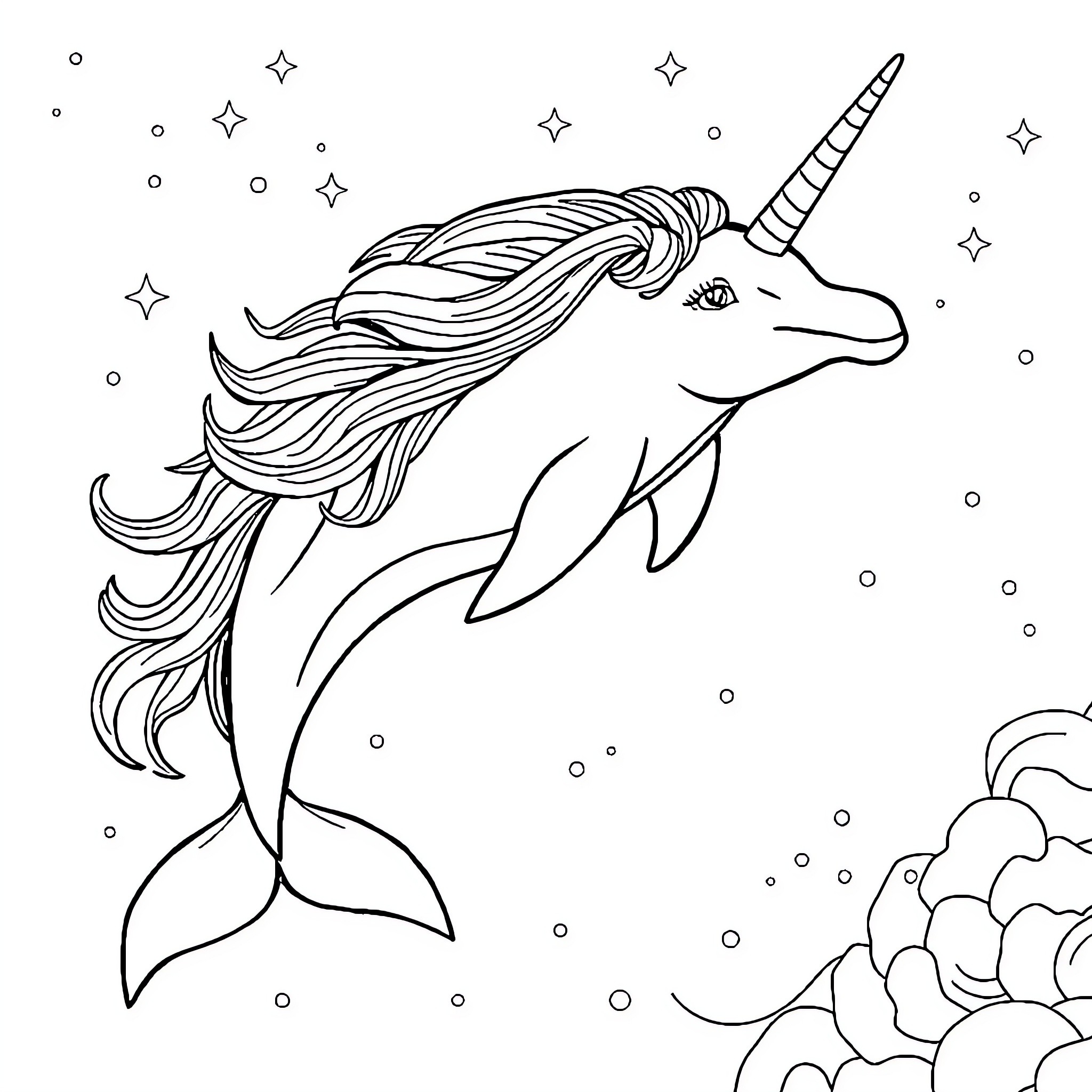 Unicorn swimming through a starry galaxy Coloring Page (free black-and-white line drawing printable PDF for all, from beginners to advanced learners, including children, teens, adults, and seniors)