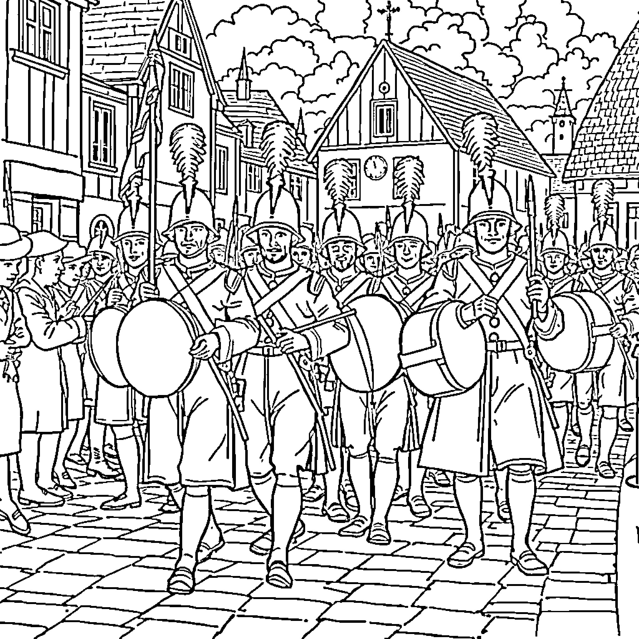 Soldier Marching Band in Historic Town Parade Coloring Page (free black-and-white line drawing printable PDF for all, from beginners to advanced learners, including children, teens, adults, and seniors)