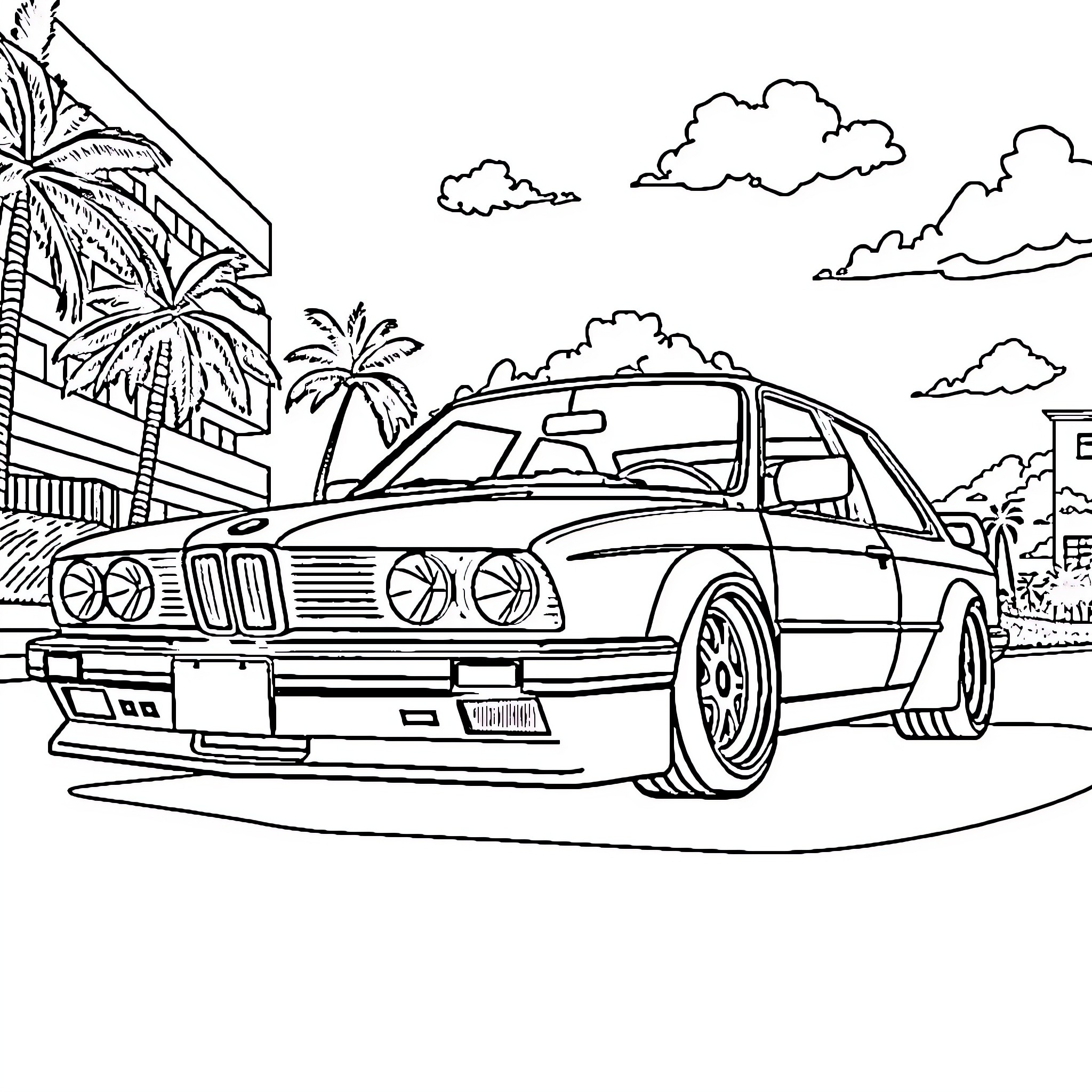 BMW sports car driving on tropical road Coloring Page (free black-and-white line drawing printable PDF for all, from beginners to advanced learners, including children, teens, adults, and seniors)