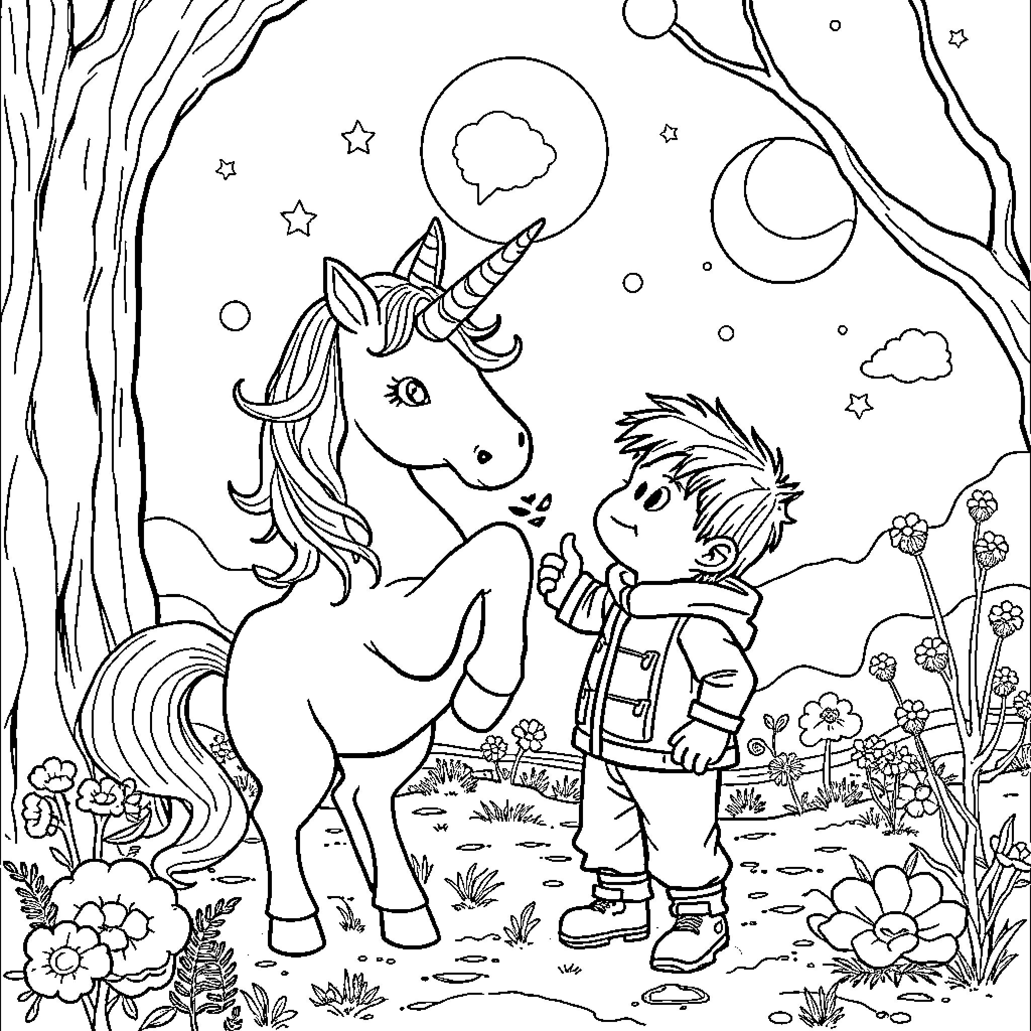 Unicorn and child exploring the enchanted forest Coloring Page (free black-and-white line drawing printable PDF for all, from beginners to advanced learners, including children, teens, adults, and seniors)