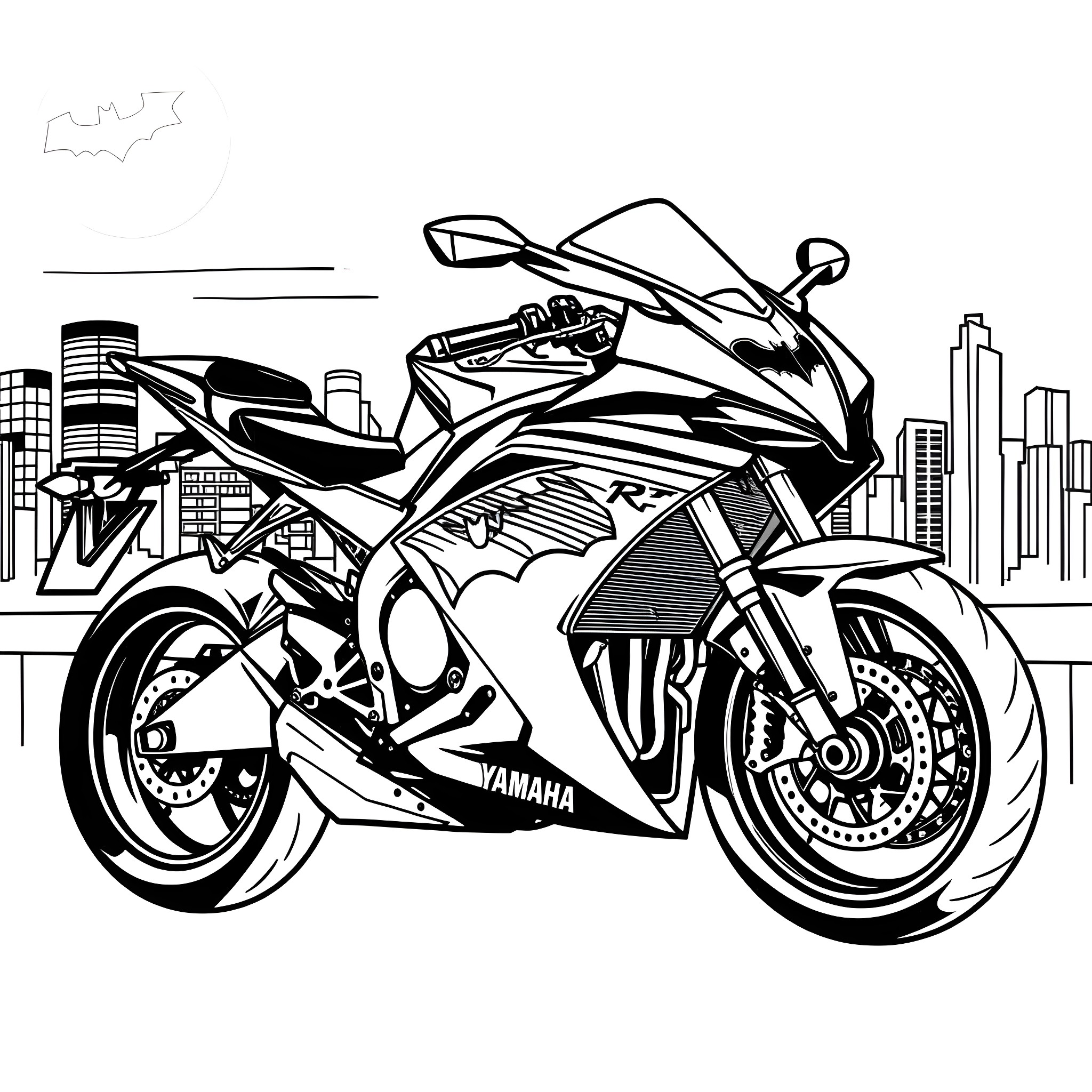 Yamaha R1 speeding through the city Coloring Page (free black-and-white line drawing printable PDF for all, from beginners to advanced learners, including children, teens, adults, and seniors)