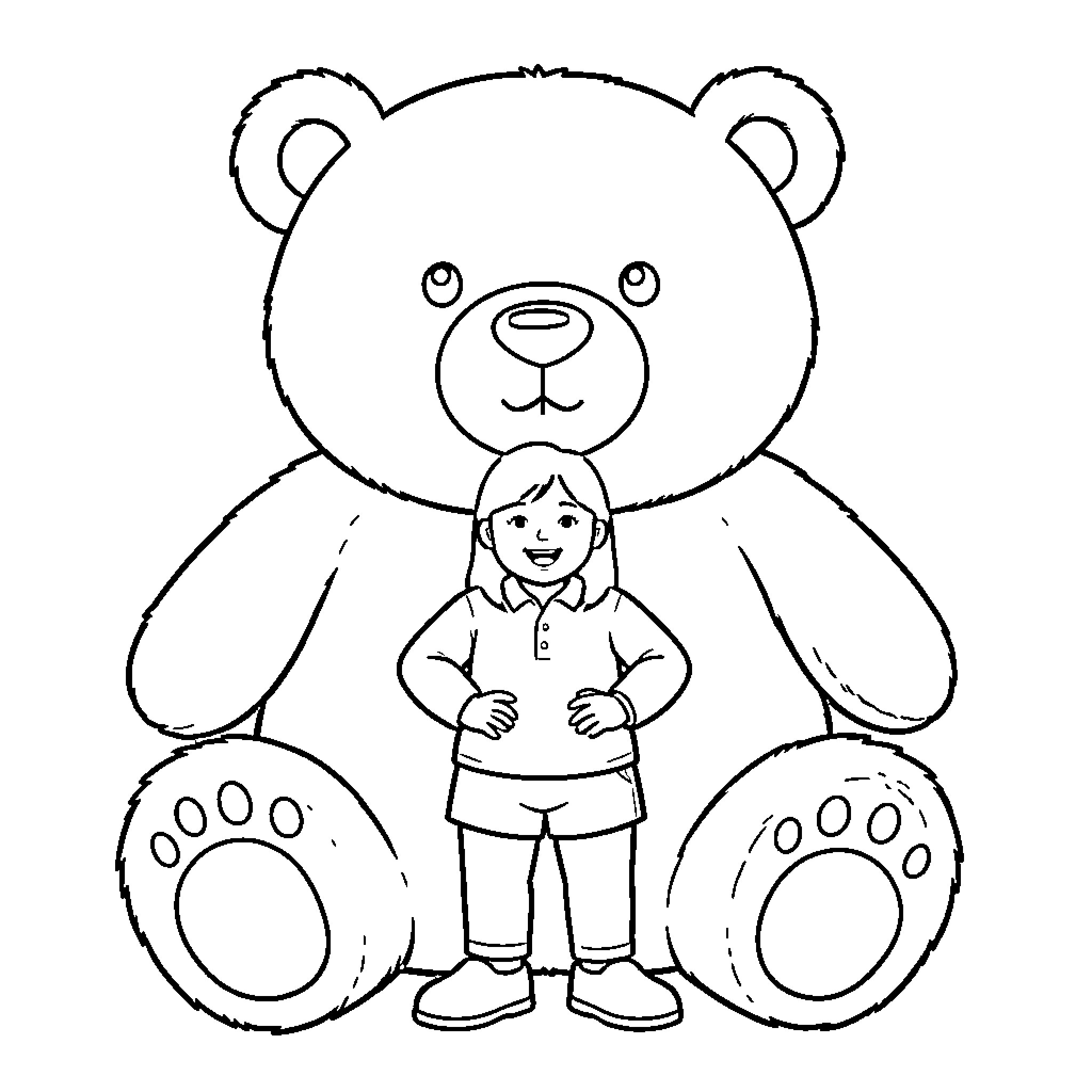 Chinois child smiling while hugging a large teddy bear Coloring Page (free black-and-white line drawing printable PDF for all, from beginners to advanced learners, including children, teens, adults, and seniors)