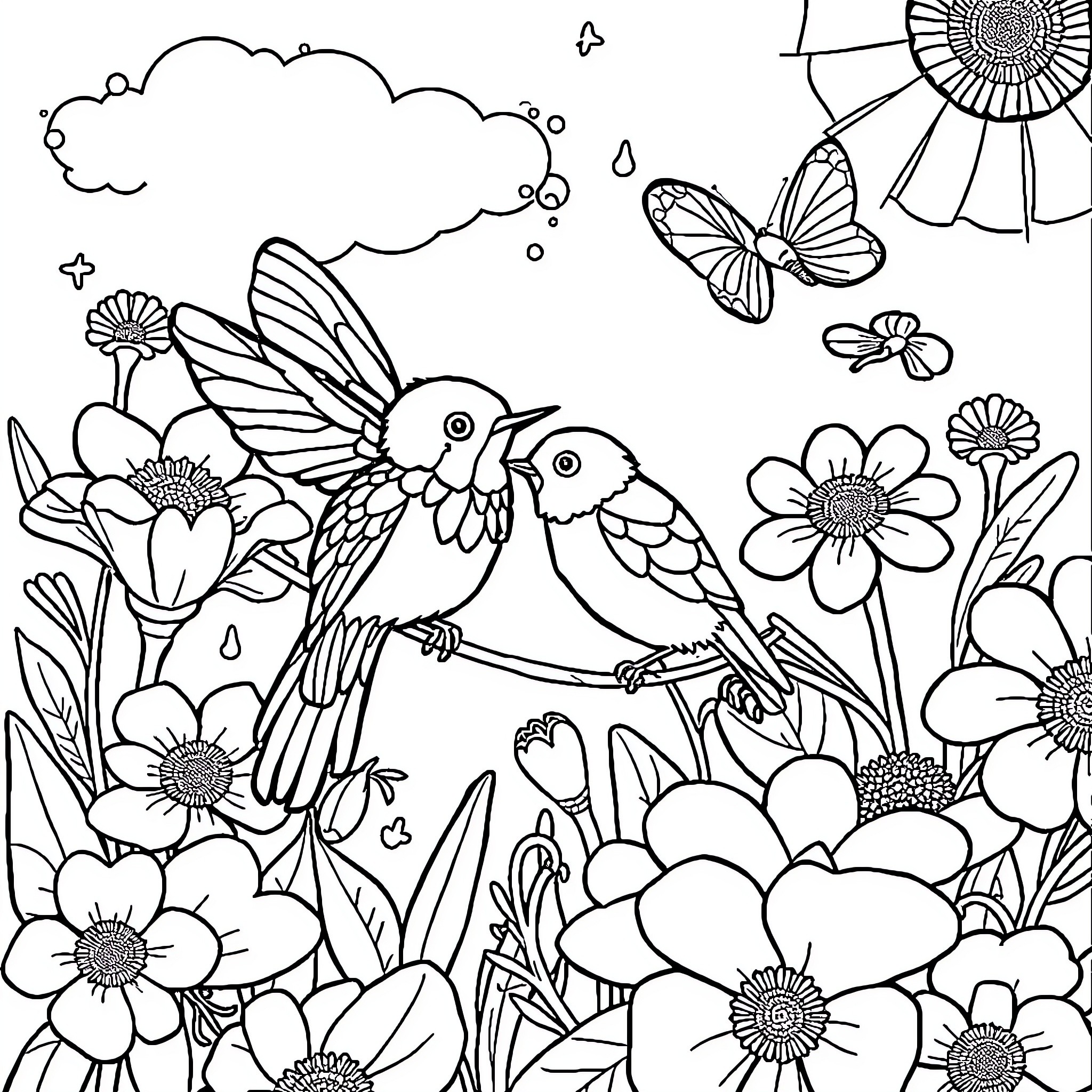 Hummingbirds among vibrant flowers and butterflies Coloring Page (free black-and-white line drawing printable PDF for all, from beginners to advanced learners, including children, teens, adults, and seniors)