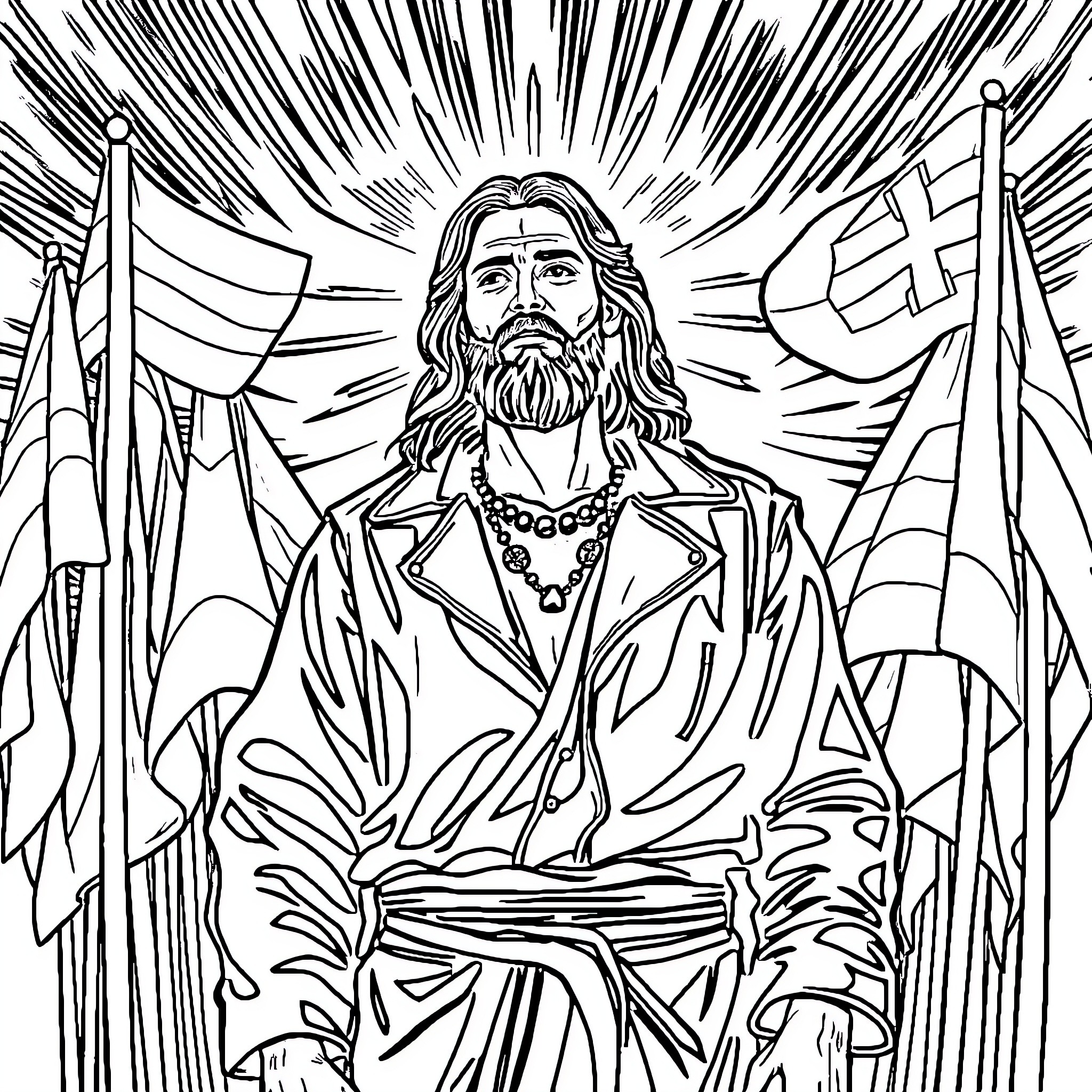 Jesus Christ in Regal Attire Amidst Flags and Radiance Coloring Page (free black-and-white line drawing printable PDF for all, from beginners to advanced learners, including children, teens, adults, and seniors)