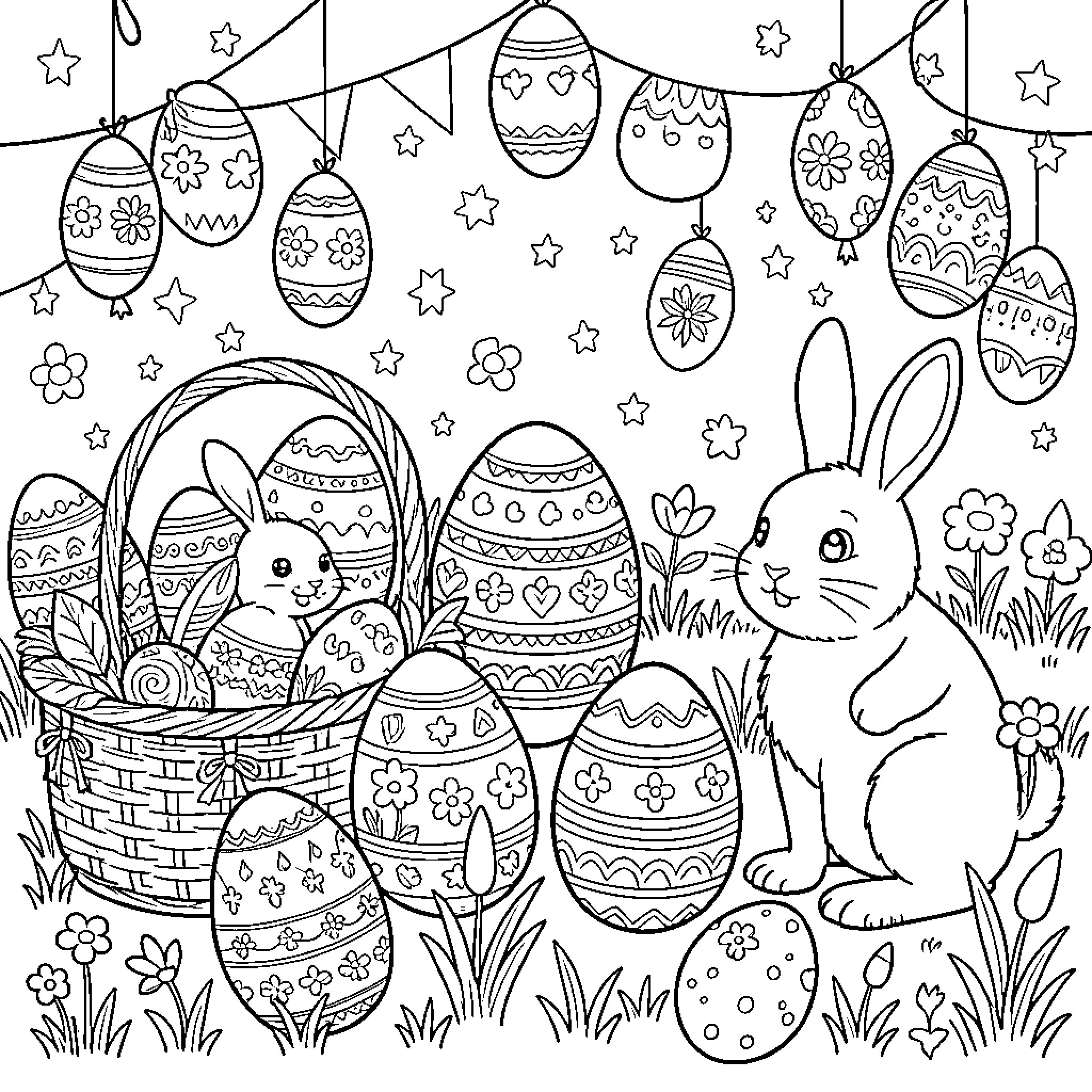 Easter Celebration with Decorated Eggs and Playful Rabbits Coloring Page (free black-and-white line drawing printable PDF for all, from beginners to advanced learners, including children, teens, adults, and seniors)