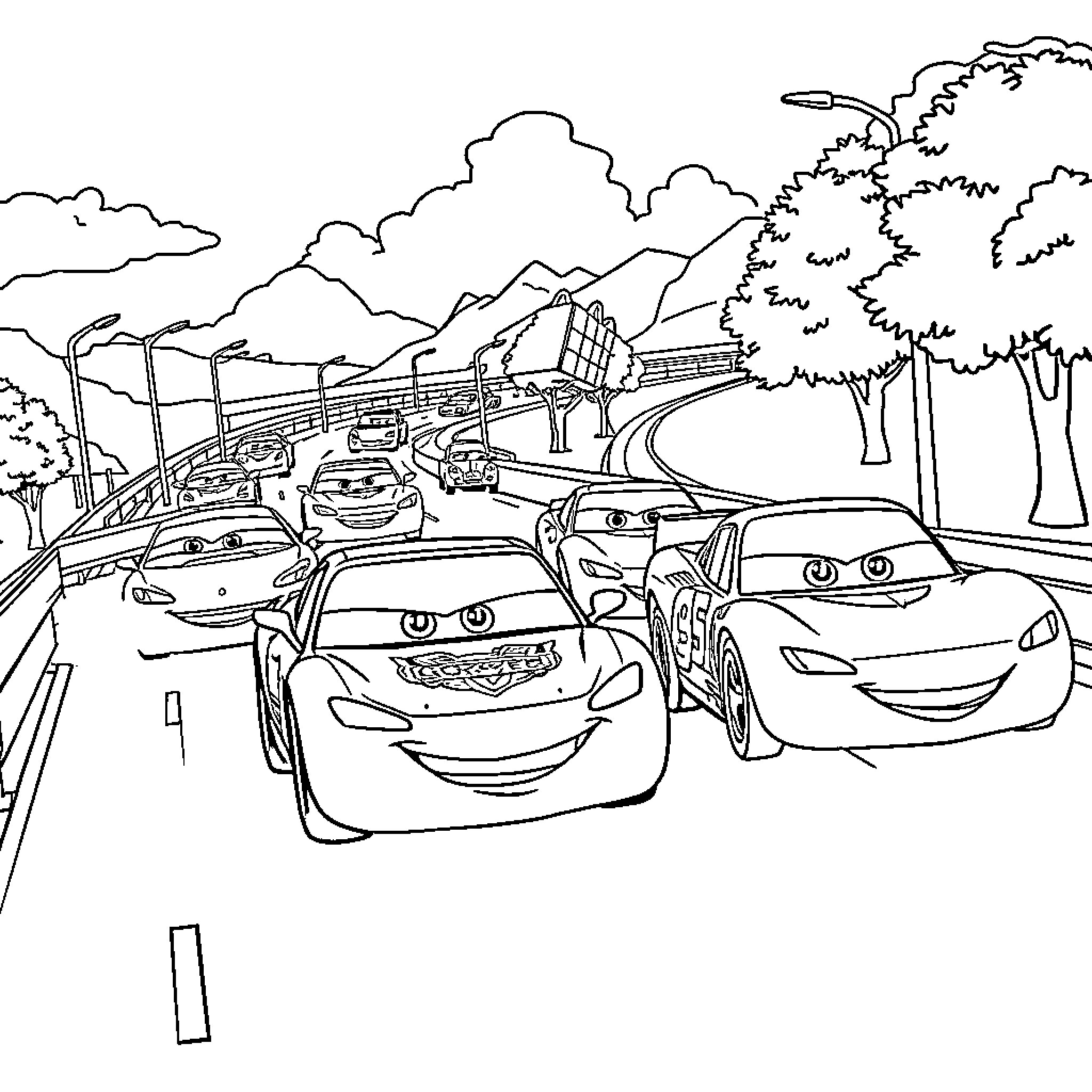 Car characters in an animated scene Coloring Page (free black-and-white line drawing printable PDF for all, from beginners to advanced learners, including children, teens, adults, and seniors)