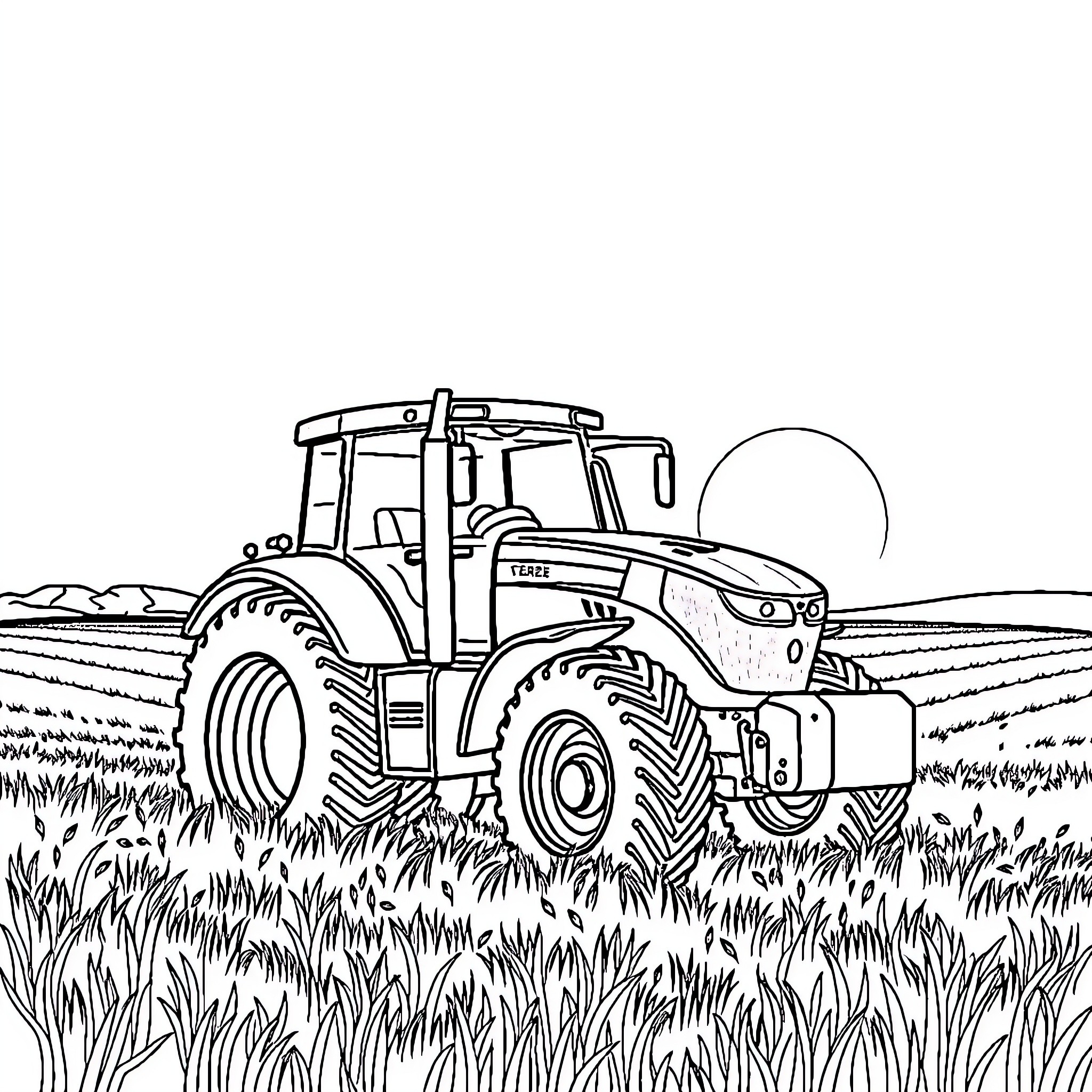 Tractor plowing through the fields Coloring Page (free black-and-white line drawing printable PDF for all, from beginners to advanced learners, including children, teens, adults, and seniors)